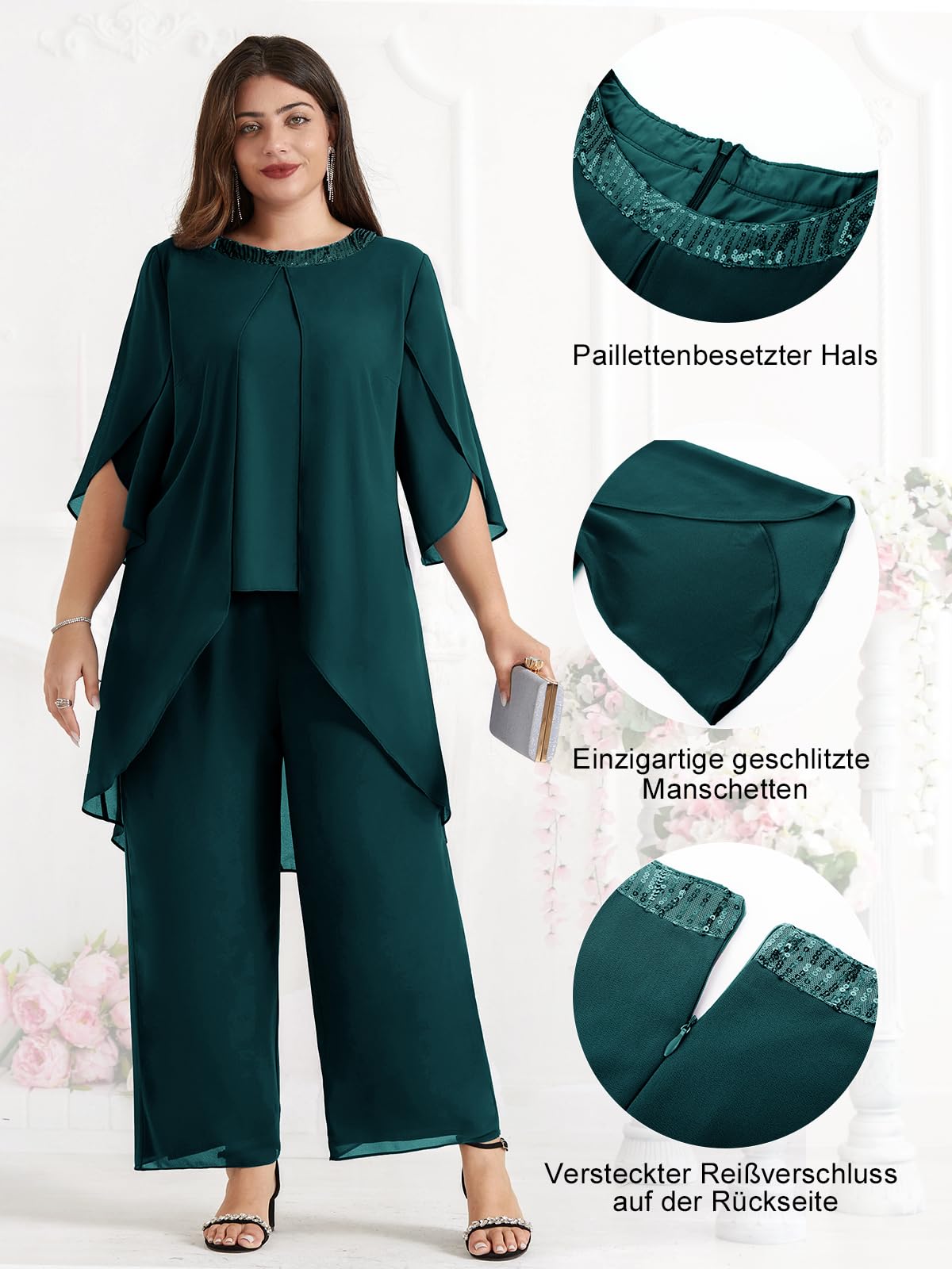Hanna Nikole Damski strój wieczorowy w dużych rozmiarach, szyfonowy, elegancki, dwuczęściowy, odświętny strój, dla gości weselnych, na uroczystość, moda wieczorowa, cekiny, okrągły dekolt, wysoki