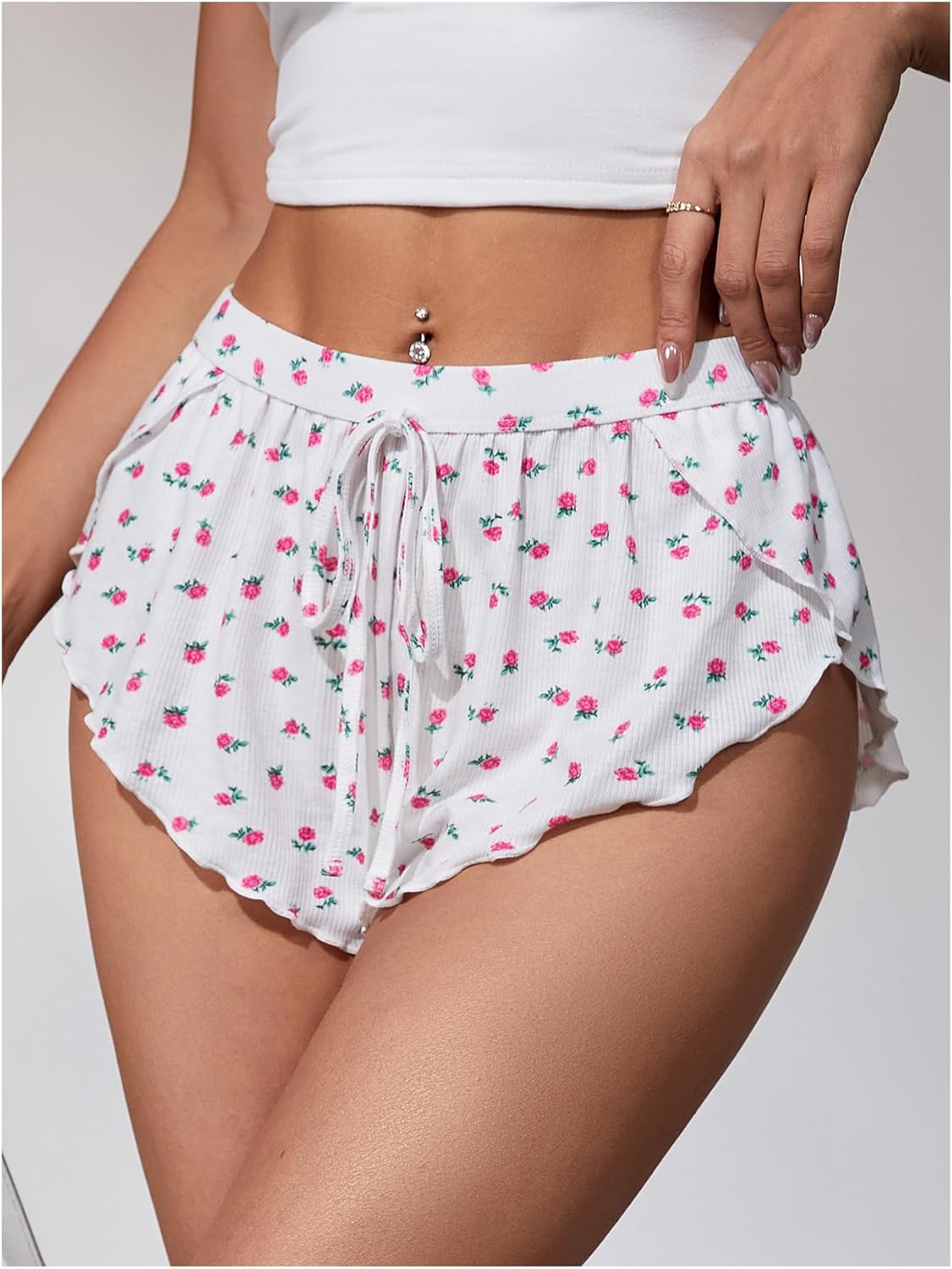 MAKEMECHIC Women's Pajama Bottoms Floral Print Plaid Tie Front PJ Shorts Slit Hem Cherry Summer Lounge Shorts - Image 3