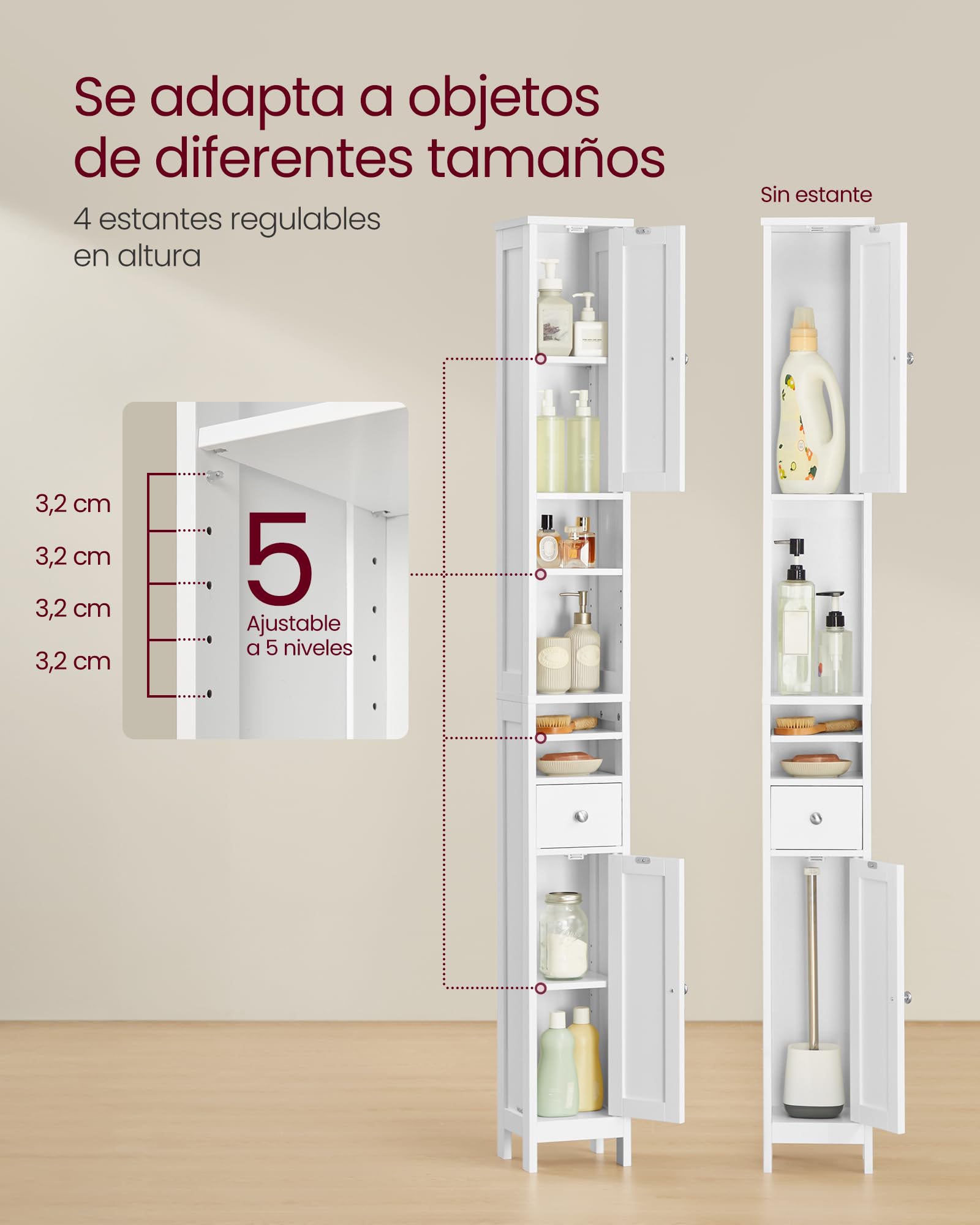 VASAGLE Armario Alto de Baño, con Estantes Ajustables, Cajón, Compartimentos Abiertos, para Espacios Pequeños, Moderno, Blanco Nube BBC765W01