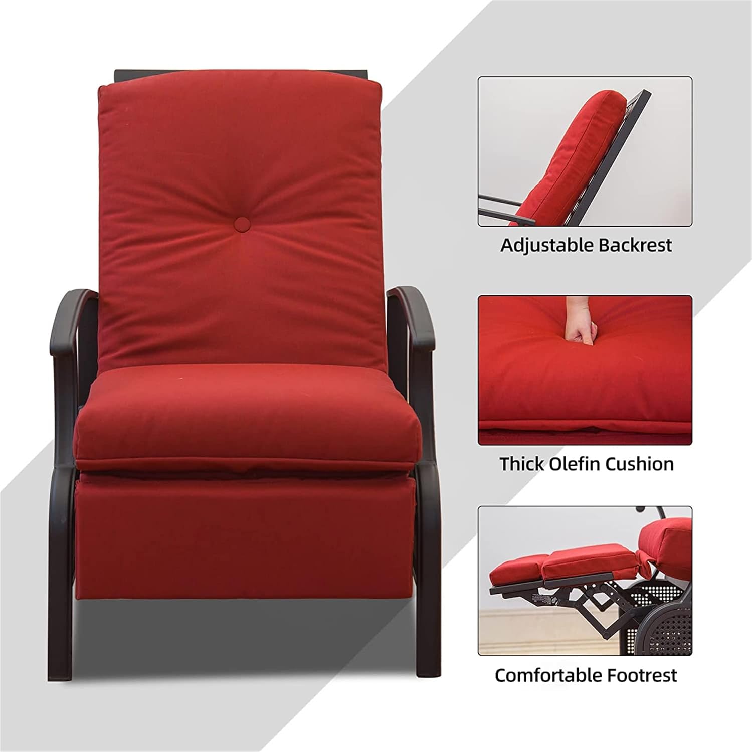 GOWE Patio Recliner Chair with Cushions,Outdoor Adjustable Lounge Chair,Reclining Patio Chairs with Strong Extendable Metal Frame for Reading,Garden,Lawn (Red, 1 Chair)