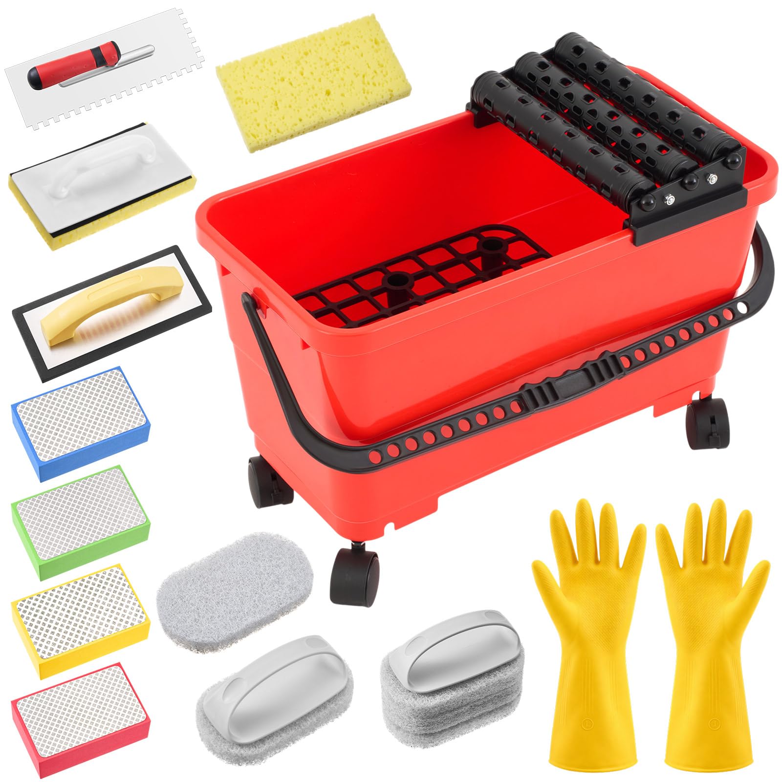 SiliFine 12 Pack 6 Gallon Grout Cleaning System Set Grouting Bucket with 2 Spiral Rollers,2 Rubber Float, 2 Grout Sponges, 4 Diamond Hand Pads, Tile Trowel Tiling Tools for Ceramic Work