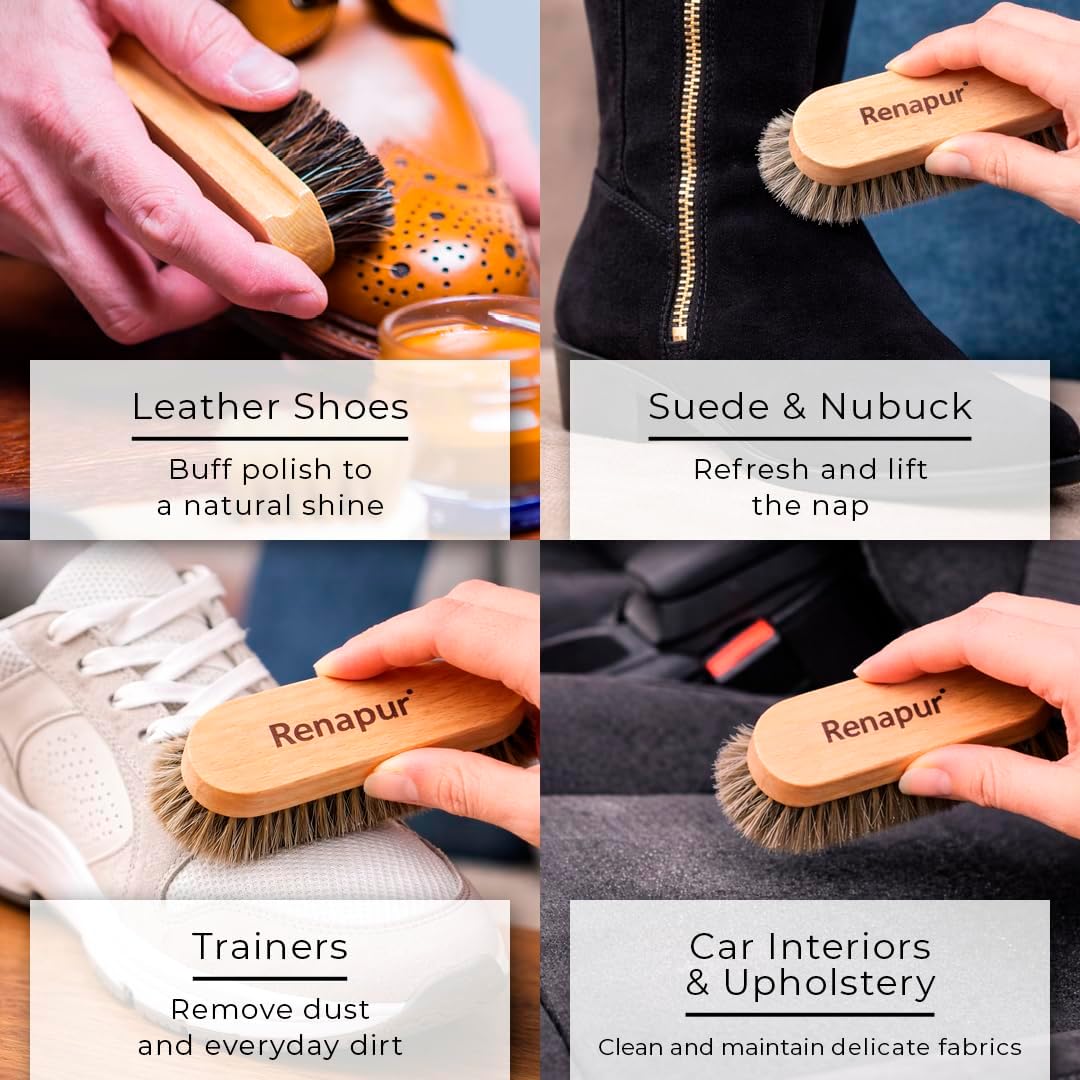 Renapur Premium Horsehair Brush - Super-Soft Bristles with Ergonomic Wooden Handle, Perfect for Polishing Leather & Cleaning Suede or Fabric Shoes/Boots.