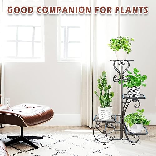 Miniatura 8 de ZHAZHADI Estante de metal para plantas para interiores y exteriores, múltiples estantes negros de 4 niveles de alto, soporte para macetas de flores,