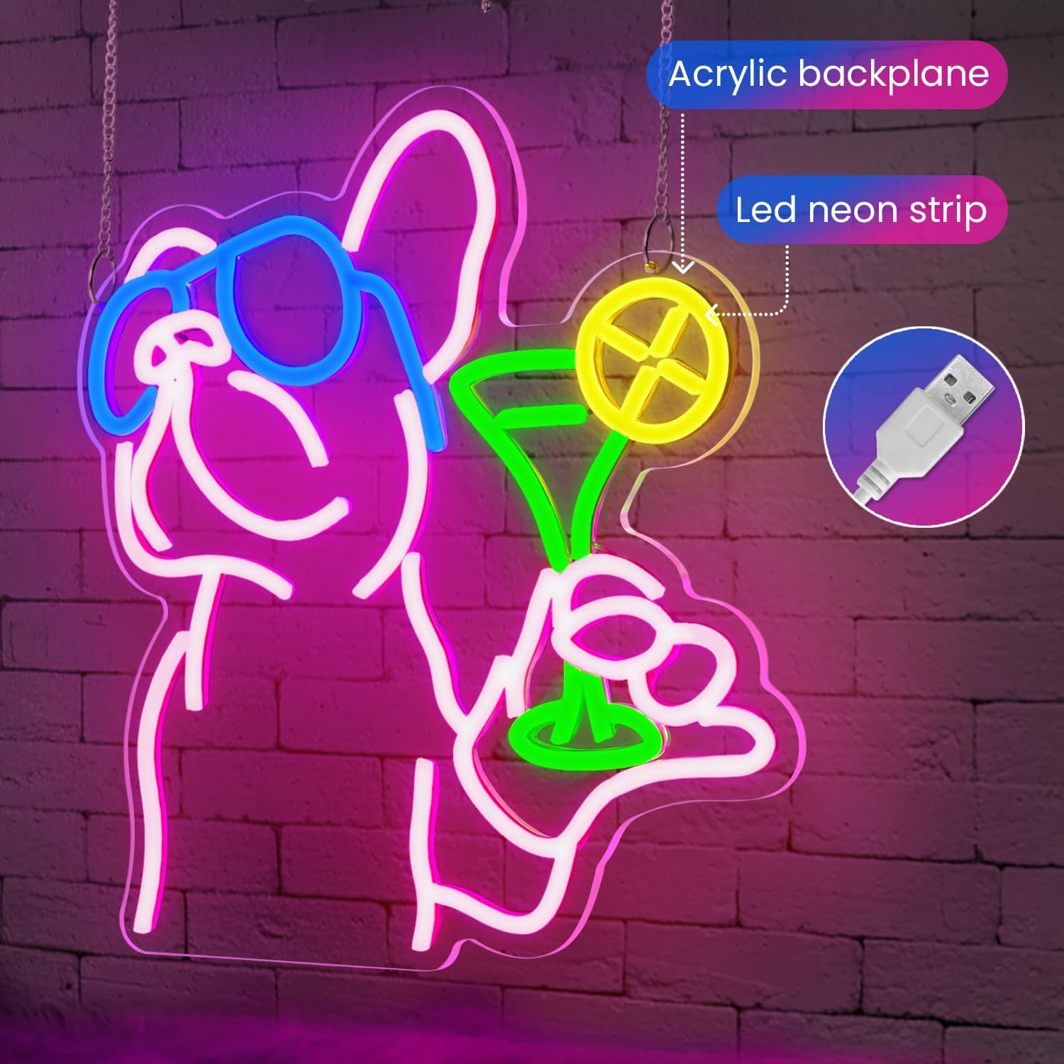 French Bulldog Neon Sign - Cool Dog Drinking Cocktail LED Neon Light for Wall Decor, Dimmable Funny Animal Neon Sign for Home Bar, Pub, Man Cave, Party, Unique Gift for Dog Lovers - Image 2