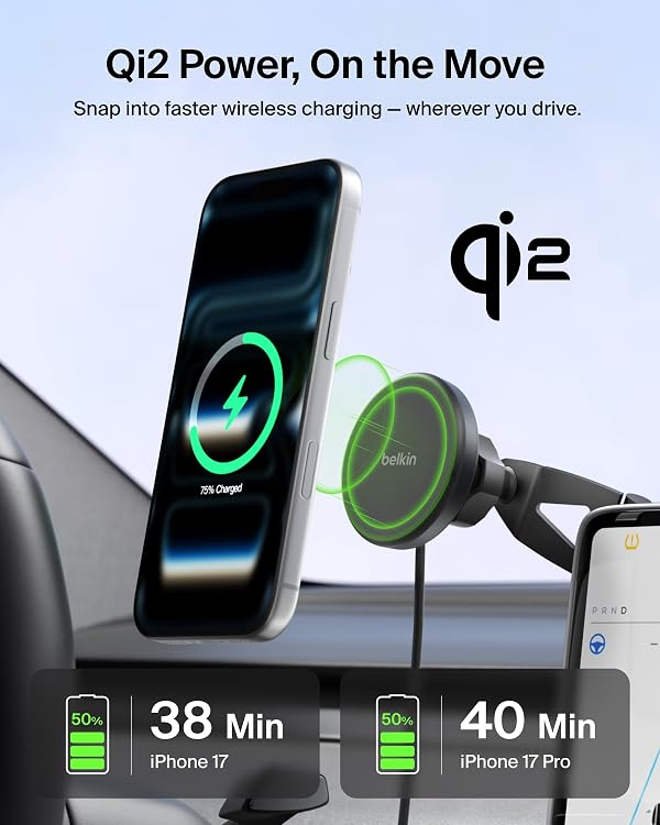 Belkin Tesla Phone Mount, Magnetic Wireless Car Mount for EV (Strong Magnet) w/ 3.3ft USB C Cable, Qi2 MagSafe Compatible Fast Charging for iPhone 17/16/15, Model 3, Model Y, etc. - Tesla Accessories by Belkin - Image 2