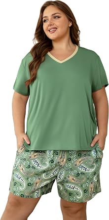 Womens Short Sleeve Top and Shorts Pajama Sets Plus Size V Neck Colorful Flower Nighty Loungewear With TWO Pockets