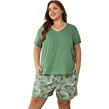 Vozanet Womens Short Sleeve Top and Shorts Pajama Sets Plus Size V Neck Colorful Flower Nighty Loungewear With TWO Pockets