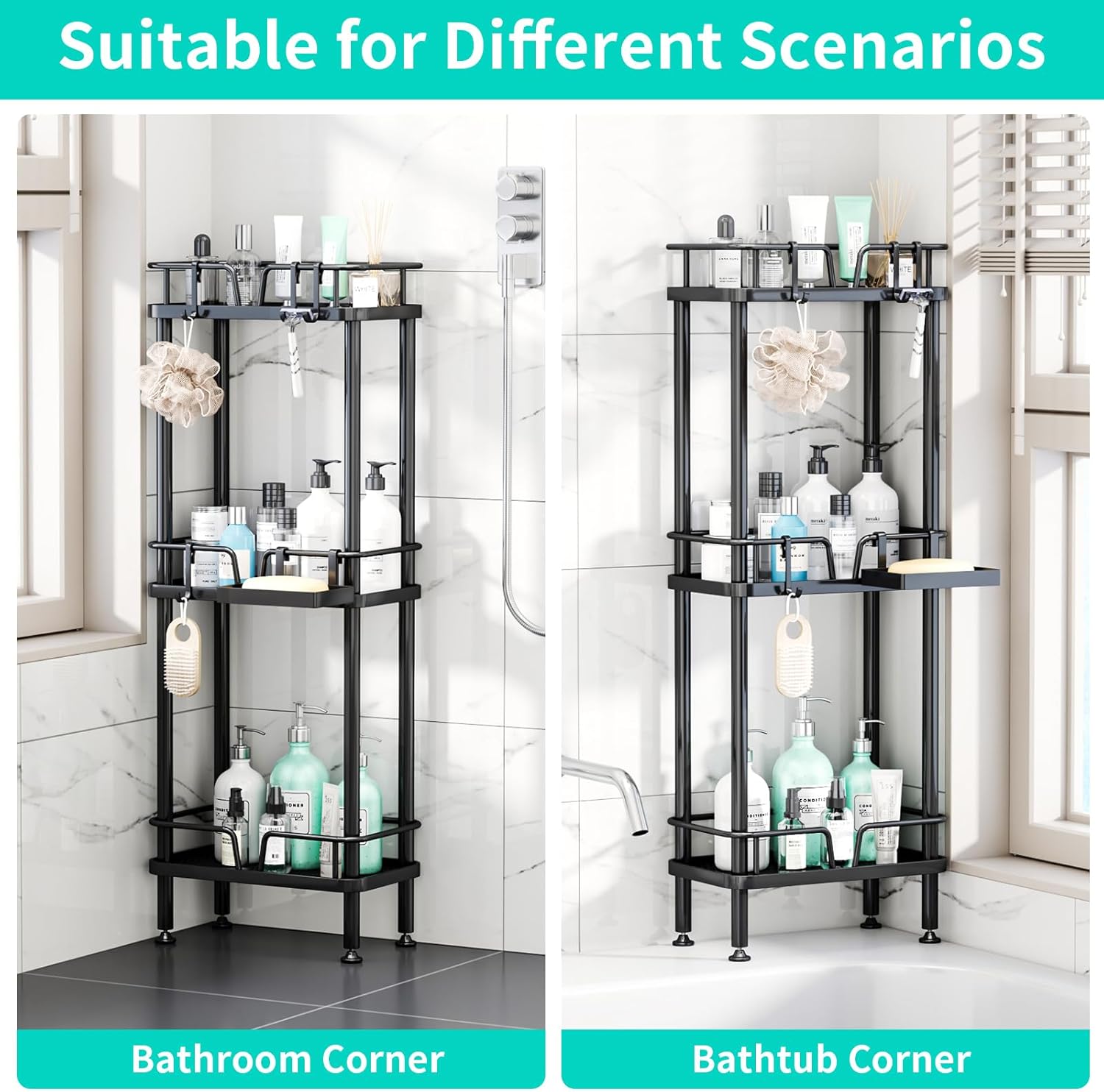 HapiRm Standing Corner Shower Caddy - 3 Tier Corner Shower Organizer with Soap Holder, Rustproof Stainless Steel Bathroom Shelf with 4 Hooks, Black