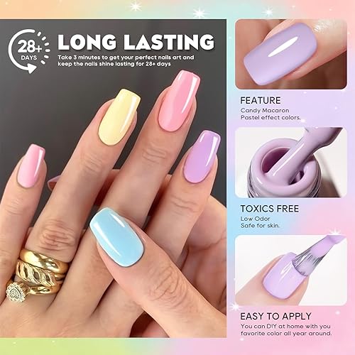Miniatura 4 de Juego de esmaltes de uñas de gel, 6 colores pastel, blanco lechoso, amarillo, nude, rosa, morado, azul, esmalte de uñas UV