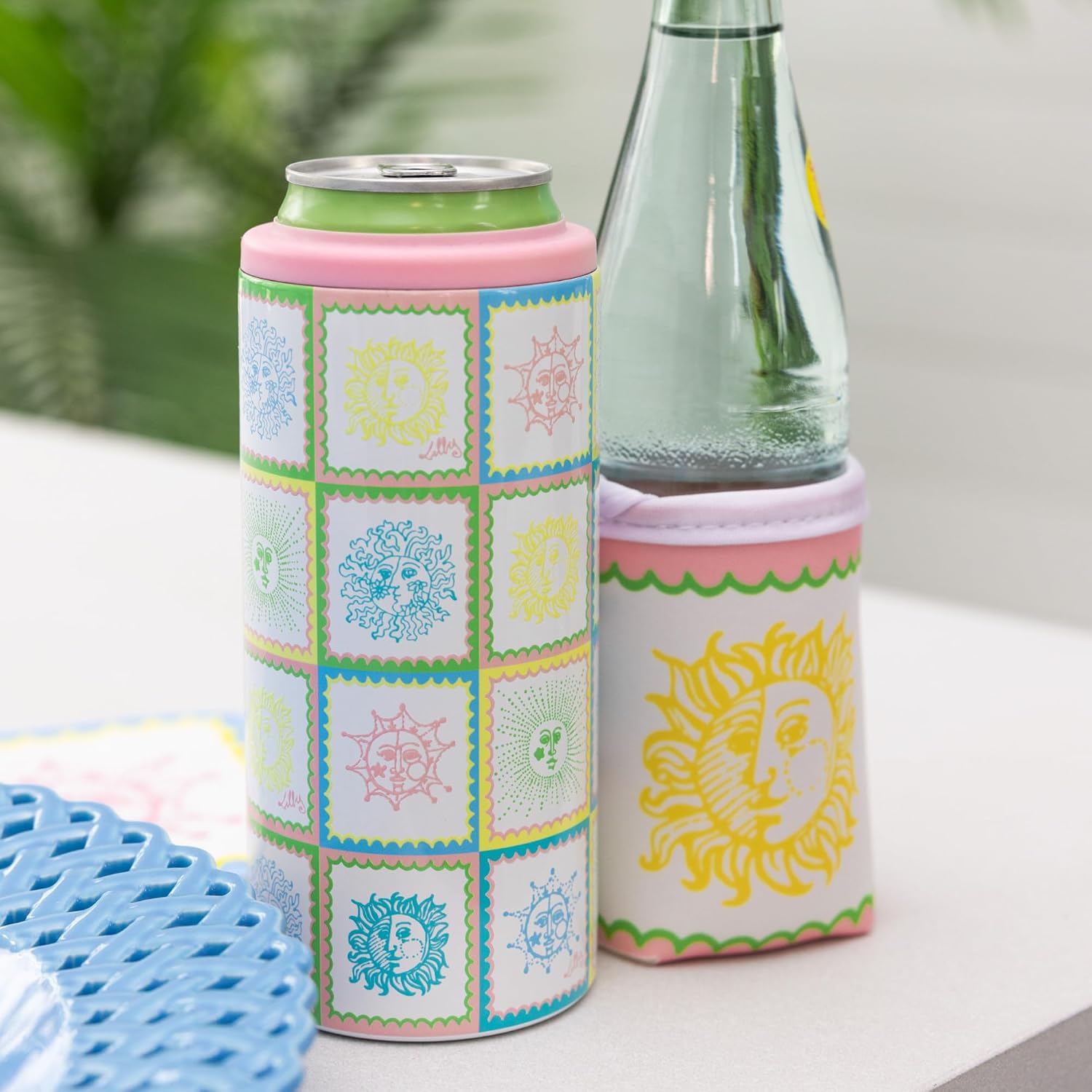 Lilly Pulitzer Insulated Skinny Can Holder, Cute Stainless Steel Can Cooler for the Beach or Pool, Sun Tiles Home