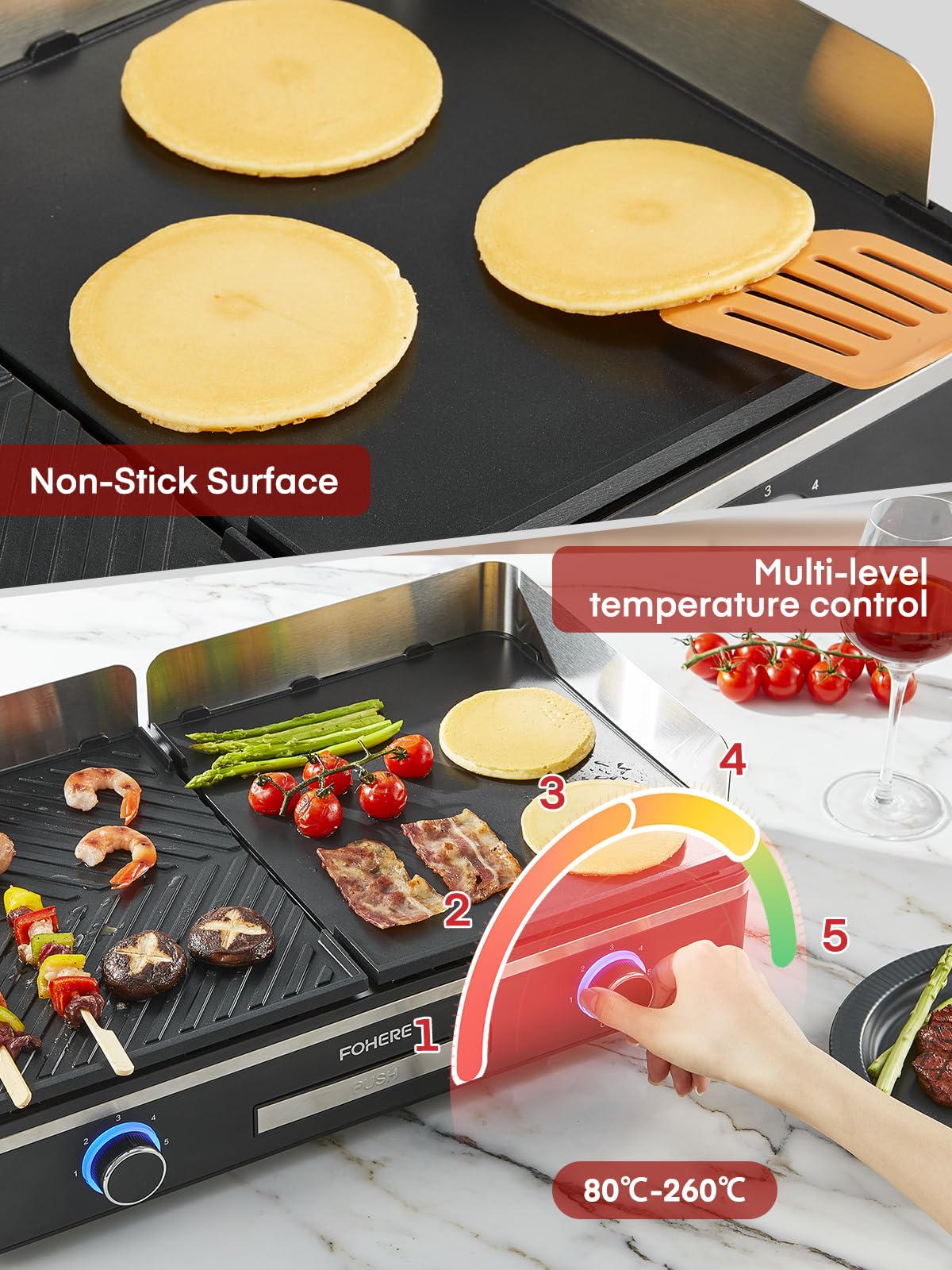 FOHERE Barbecue Électrique de Table 2400W - Plancha de Jardin et Balcon avec 2 Zones de Cuisson Indépendantes - Grande Surface Antiadhésive (Lisse & Nervurée) - Idéal Camping et Extérieur