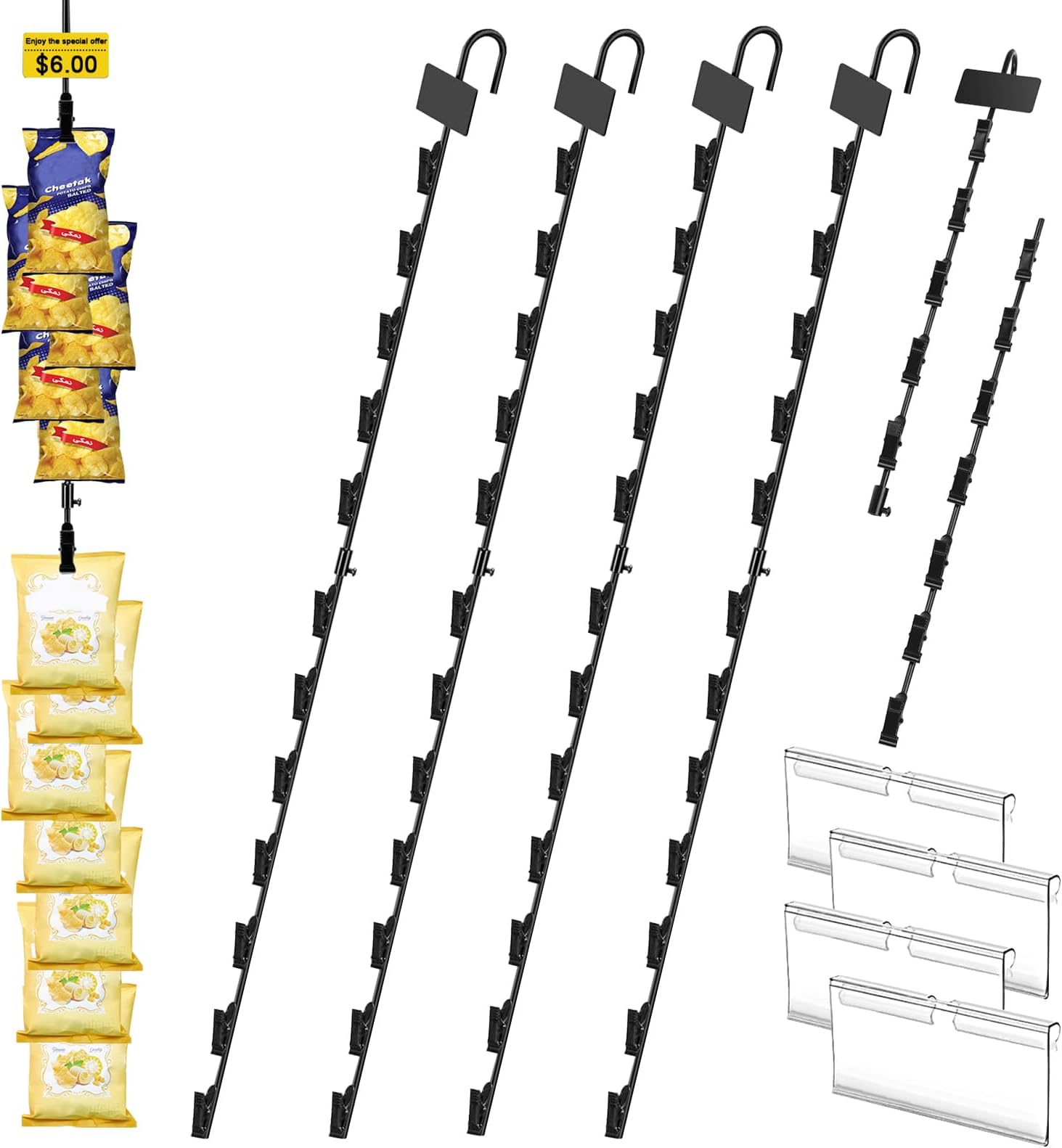 Ngdiluxury Hanging Merchadise Strips with Hooks,32 inches Chip Display Rack Stand 48 Clips Potato Chip Bag Holder with Label Headers Metal Retail Display Rack for Snack Candy 4Pcs Black