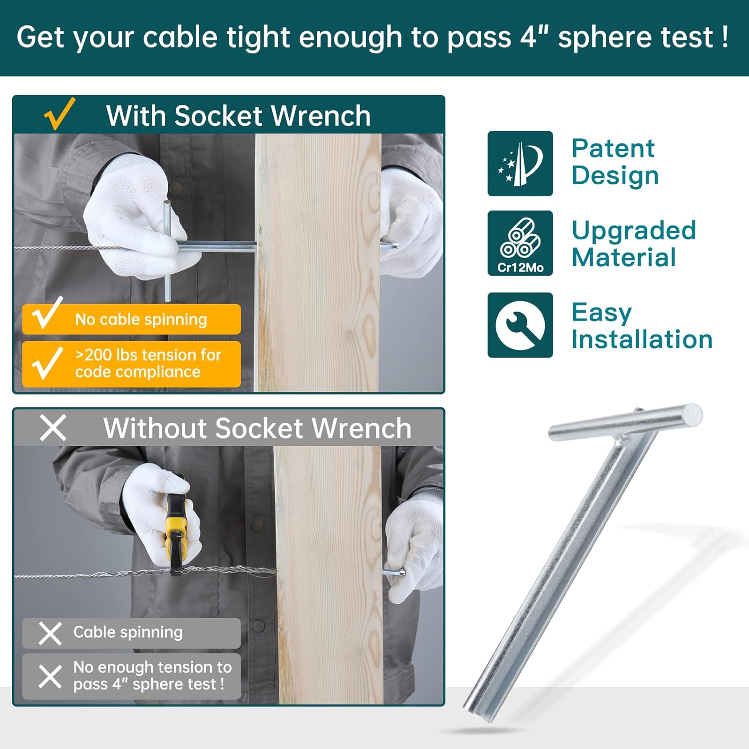 Muzata 2 Pack Upgraded Custom Socket Wrench for 1/8" Invisible Cable Railing Kit Hardware Hidden Tensioner on Wood Metal Posts for Cable Railing System CT16
