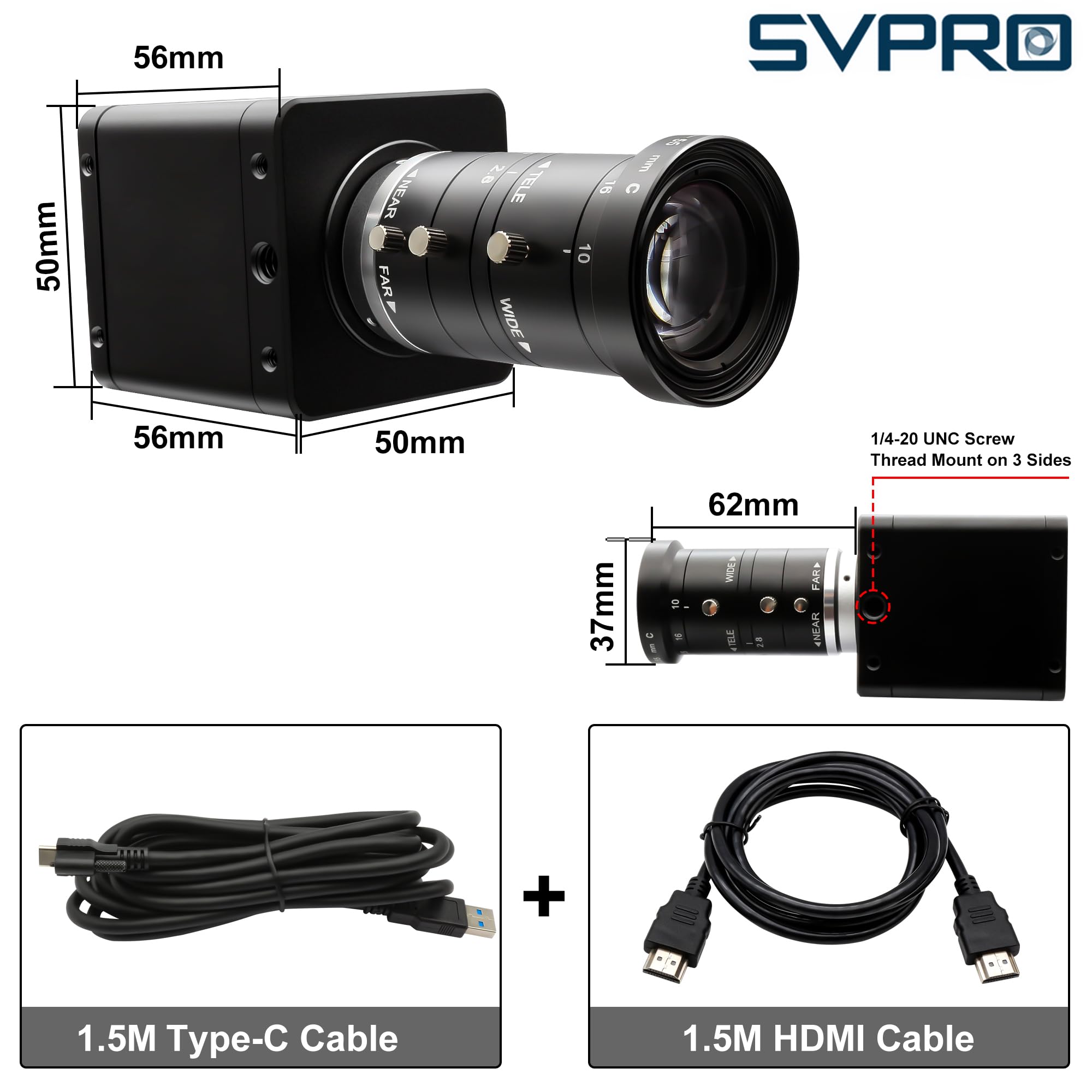 SVPRO Telecamera HDMI 4K 60FPS USB3.0, messa a fuoco manuale con obiettivo zoom 10-55mm, H.264 ad alta velocità UVC Lightburn telecamere per computer, compatibile per Windows, Mac, Linux, Android TV