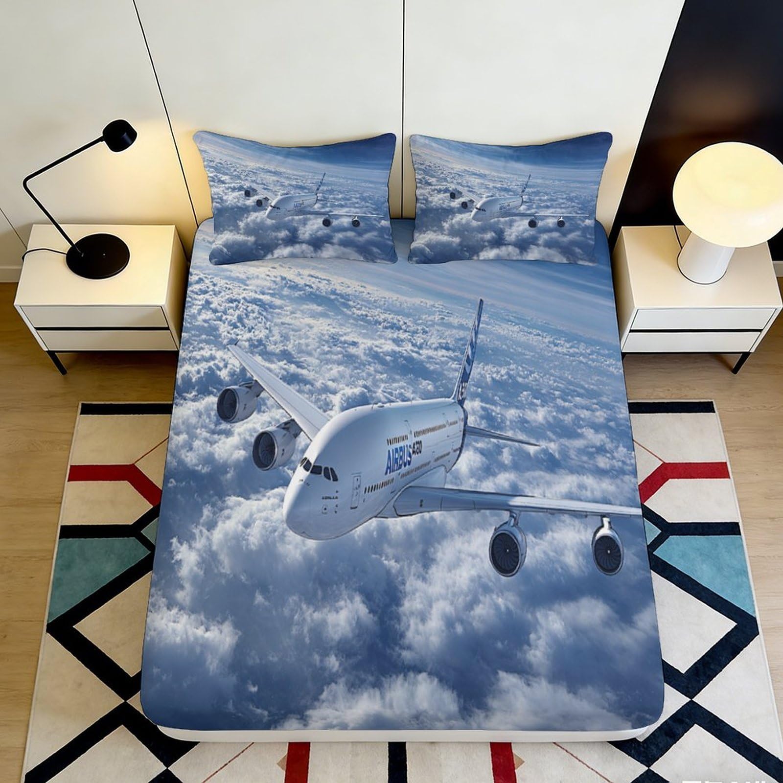 3D Printed Airplane Fitted Sheet Microfiber Soft Breathable Flight Clouds Bed Cover for Bedroom Dormitory Guest Room Mattress Protection Decor 120x200x25cm
