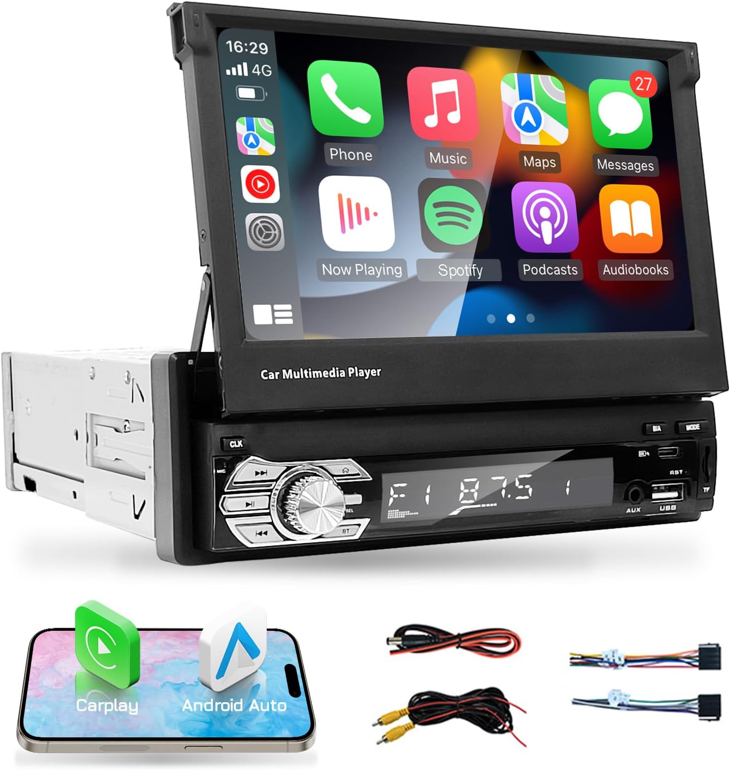 EZoneTronicsUniversal Single Din Bluetooth Car Radio Stereo,7 inch 1 din Flip Out Touch screen Car Multimedia MP5 Player with CarPlay Android Auto Bluetooth SWC/FM Radio/Aux/USB+Type-C Ports