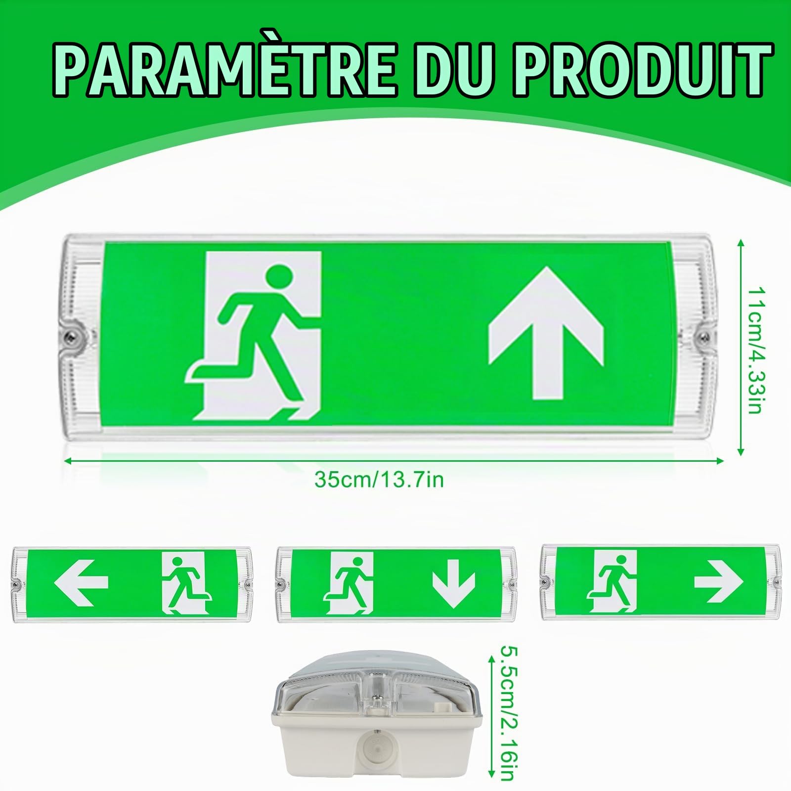 GOMETY Éclairage De Secours LED : Lumière De Secours Avec 4 Pictogrammes De Sortie, Éclairage De Secours Avec Batterie De Secours 3h, Luminaire Permanent Pour Établissements Publics (IP65, Blanc)