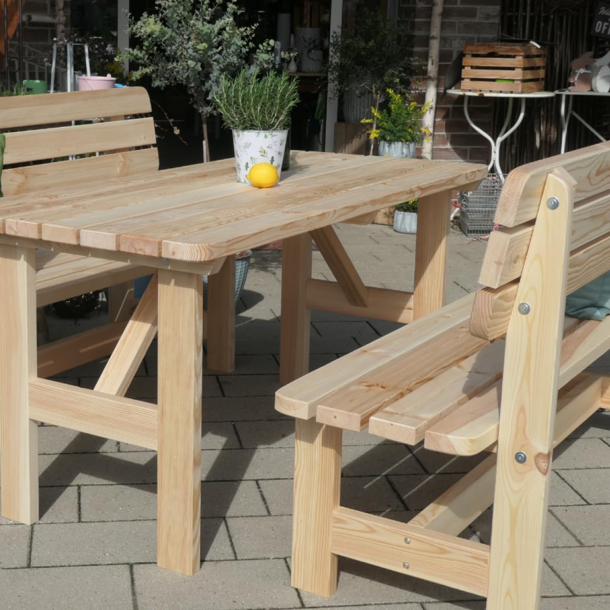 Gartengarnitur aus Holz | Set bestehend aus Gartentisch & Bänken mit Lehne | Hochwertige Sitzgarnitur für den Garten | PEFC-zertifizierte Gartenmöbel für Draußen (Natur)