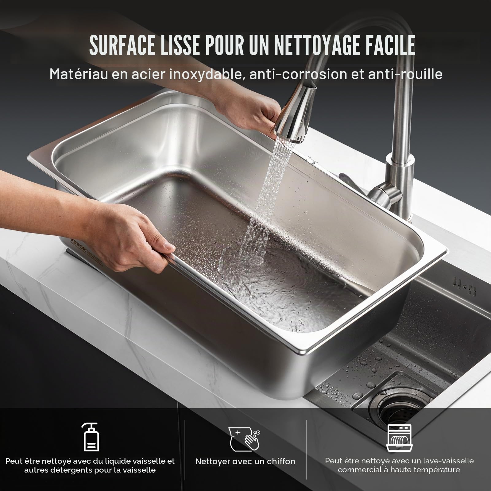 VEVOR Bac Gastronorme GN 1/1 Lot de 6, Récipient Inox pour Bain-marie 0,8 mm d'Épaisseur, Bac Inox Alimentaire 15 cm Profondeur, pour Fours à Convection, Réfrigérateurs, Stockage, Restauration