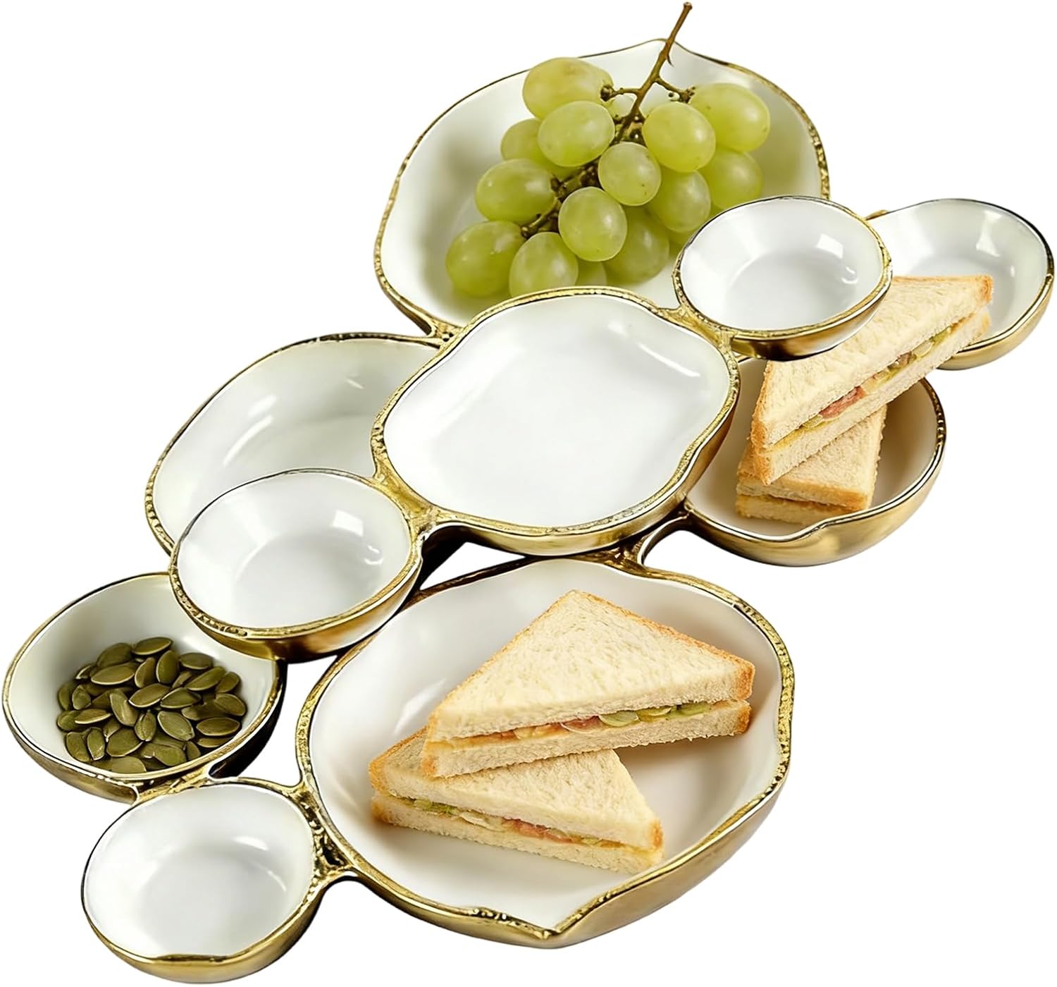 Cluster of 9 Round Serving Bowls Gold, 43x30cm Metal Cluster Serving Tray Charcuterie, Gold Bowl Set, Clusters Snack Servings Dish, Decorative Multi-Bowls Platter for Entertaining