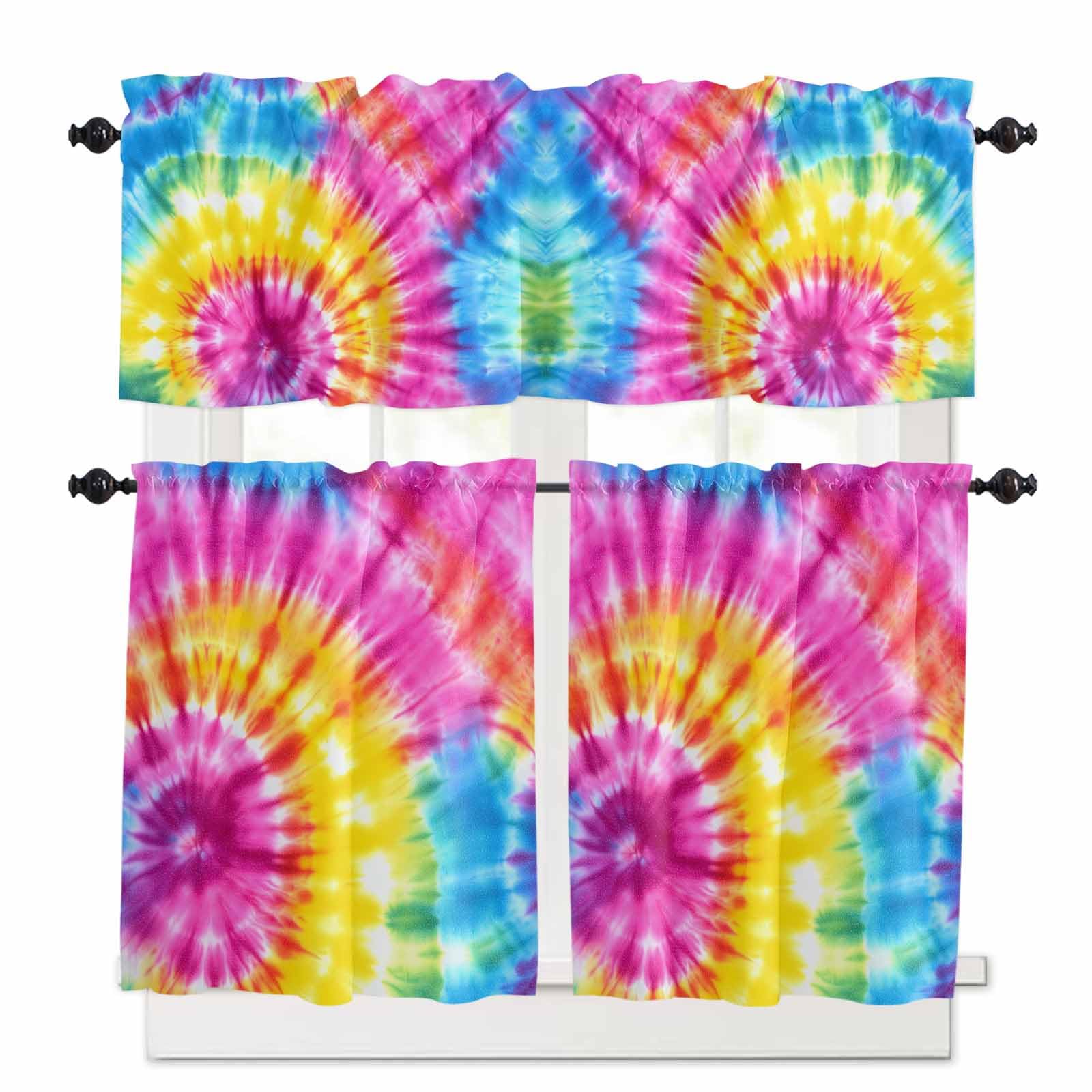 Colorful Boho Kitchen Curtains 36 Inch Length,3 Piece Rod Pocket Small Half Tiers and Valance Set,Pink Yellow Blue Green Tie Dye Abstract Art Small Large Window Treatment Decor for Bedroom/Bathroom
