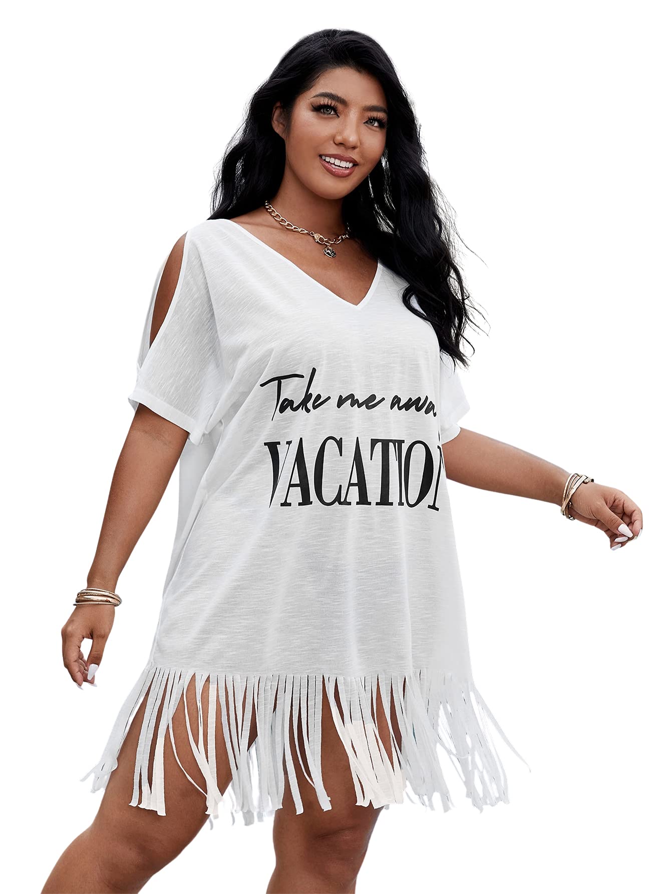 SheIn Women's Plus Letter Print Tassel Hem Cold Shoulder Mini T Shirt Dress V Neck Short Sleeve Summer Tunic Dresses