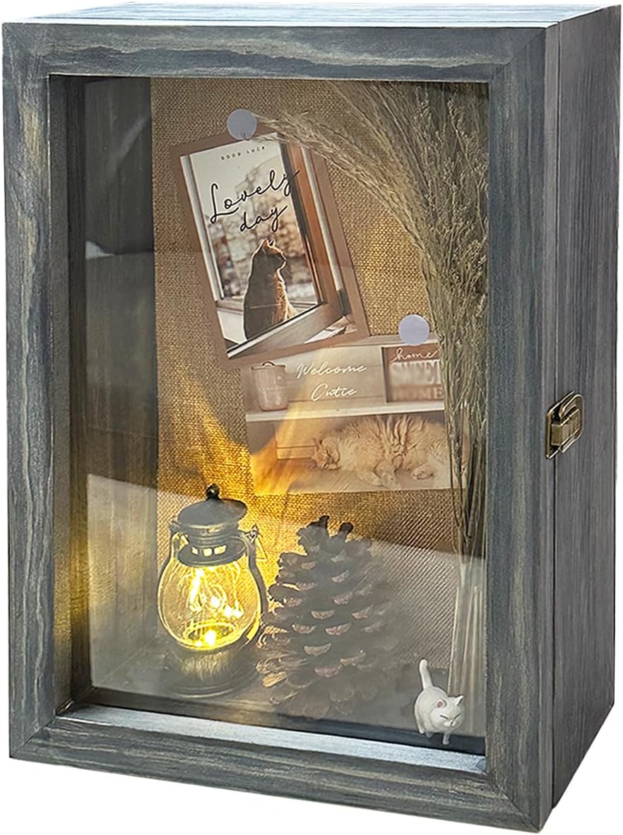 11x16 Extra Deep Shadow Box Wooden Frame Wall Mounted Display Cases with Lock for Flowers Bridal Bouquet Pictures Photos Medals and Keepsake for displaying Marriage Mementos (Gray)