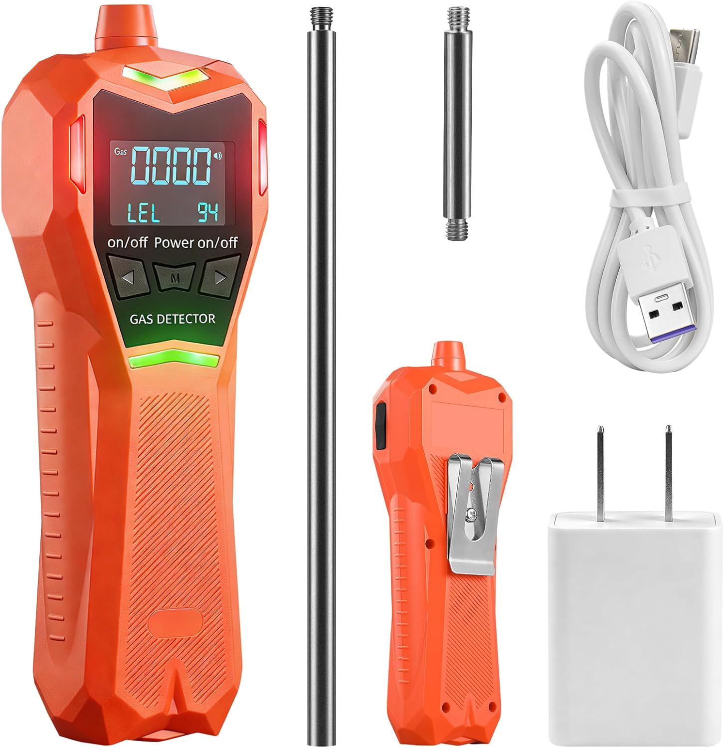 Rechargeable Gas Detector,Natural Gas Detector with Back Clip and 2 Probes,Propane Methane Butane Combustible Gas Leak Detector for Industrial RV Home,LCD Screen,Audible Visual Alarm Gas Sniffer