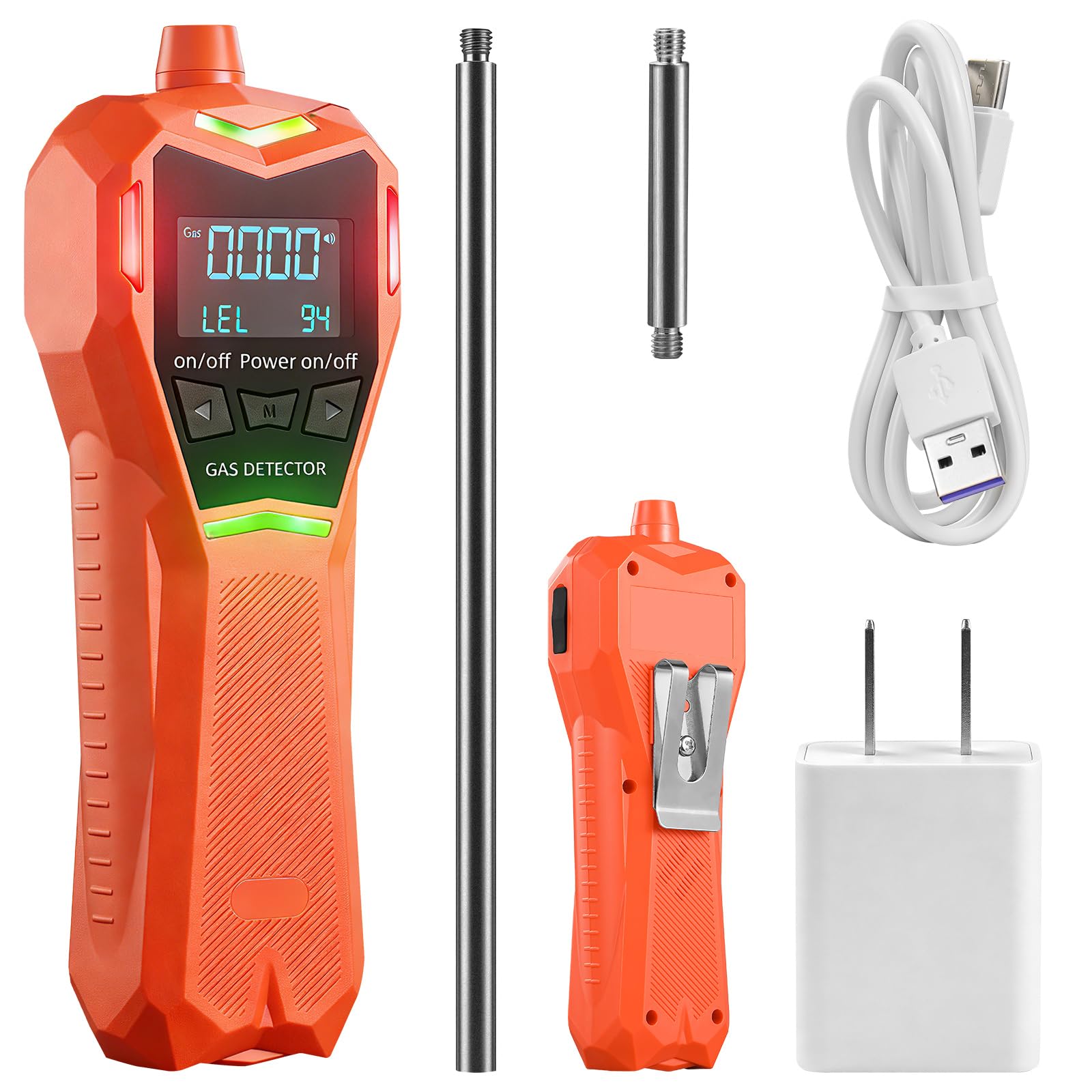 Detector de gas recargable, detector de gas natural con clip trasero y 2 sondas, detector de fugas de gas combustible de propano metano butano para casa rodante industrial, pantalla LCD, alarma visual
