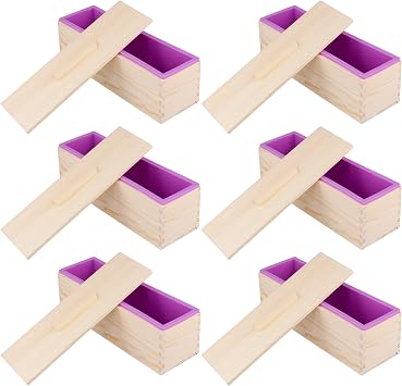 6 PCS 42 Oz Purple Silicone Soap Molds Loaf, Flexible Rectangular Soap Making Molds with Wood Box Wooden Covers, DIY Soap Molds for Soap Making