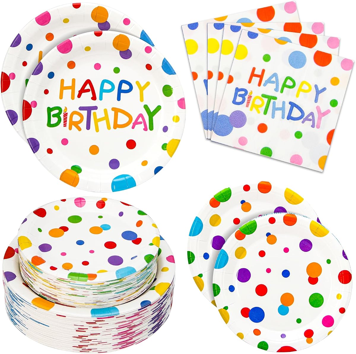 180PCS Happy Birthday Plates and Napkins Party Supplies,Serves 60 | Rainbow Dot Party Paper Plates and Napkins Set for Kids Boys Girls Birthday Party Decorations