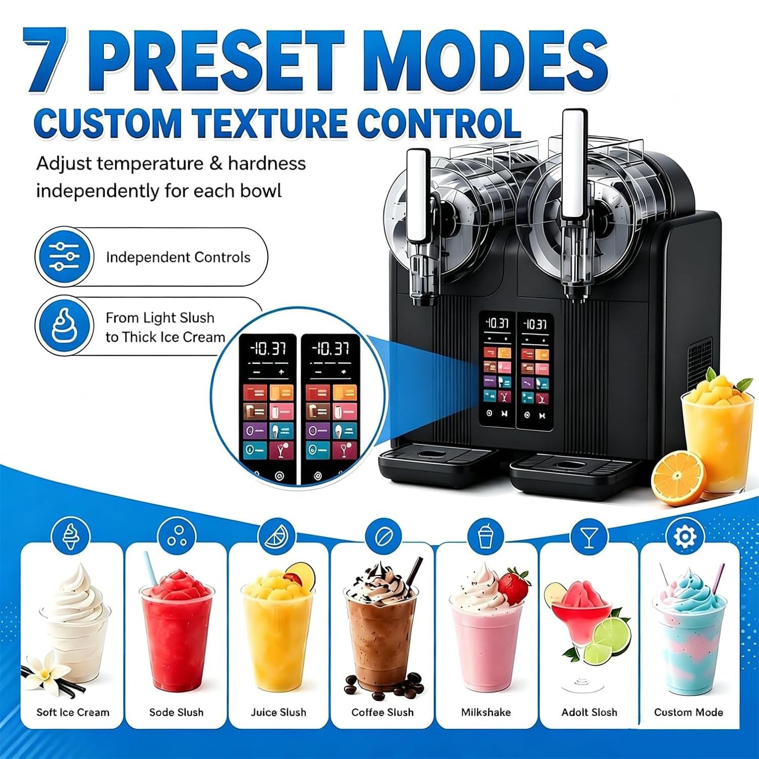 Granizadora 430 W de Doble Depósito 2 x 2 L para Helado Suave Black | Ofrece 7 modos automáticos, textura regulable y pantalla táctil HD con pausa, inicio y bloqueo infantil