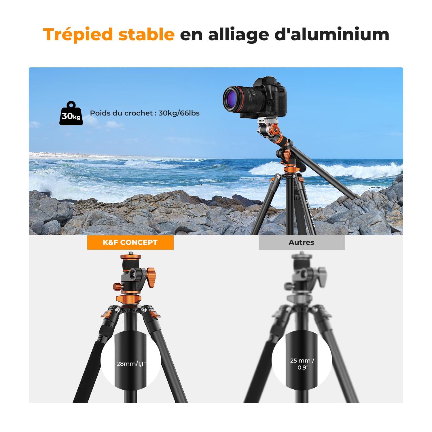 K&F CONCEPT Trépied Vidéo, 231cm Trépied Appareil Photo avec Tête Fluide Inclinaison à 90°/-90°, Horizontal à Colonne Centrale de Rotation à 360°, pour Caméra Vidéo,DSLR, Caméscope -T254A7