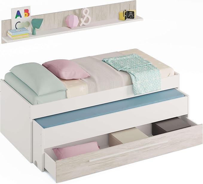 Habitdesign Cama Nido Juvenil con Cajón y Estante, Blanco Artik y Blanco Velho