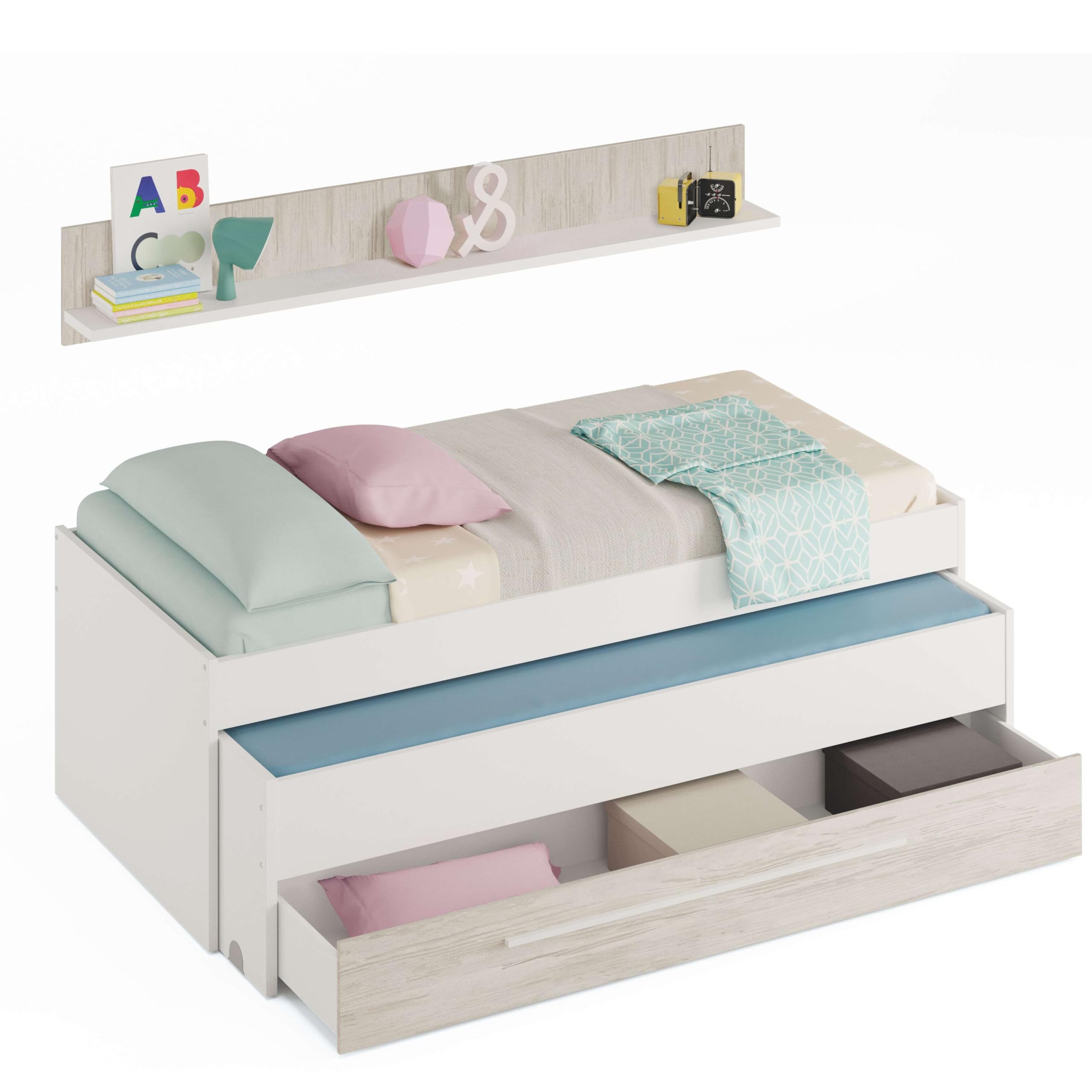 Habitdesign Cama Nido Juvenil, 2 Camas + Cajon + Estante, Cama Infantil, Acabado en Blanco Artik y Blanco Velho, Medidas: 199 cm (Largo) x 96 cm (Ancho) x 65 cm (Alto)