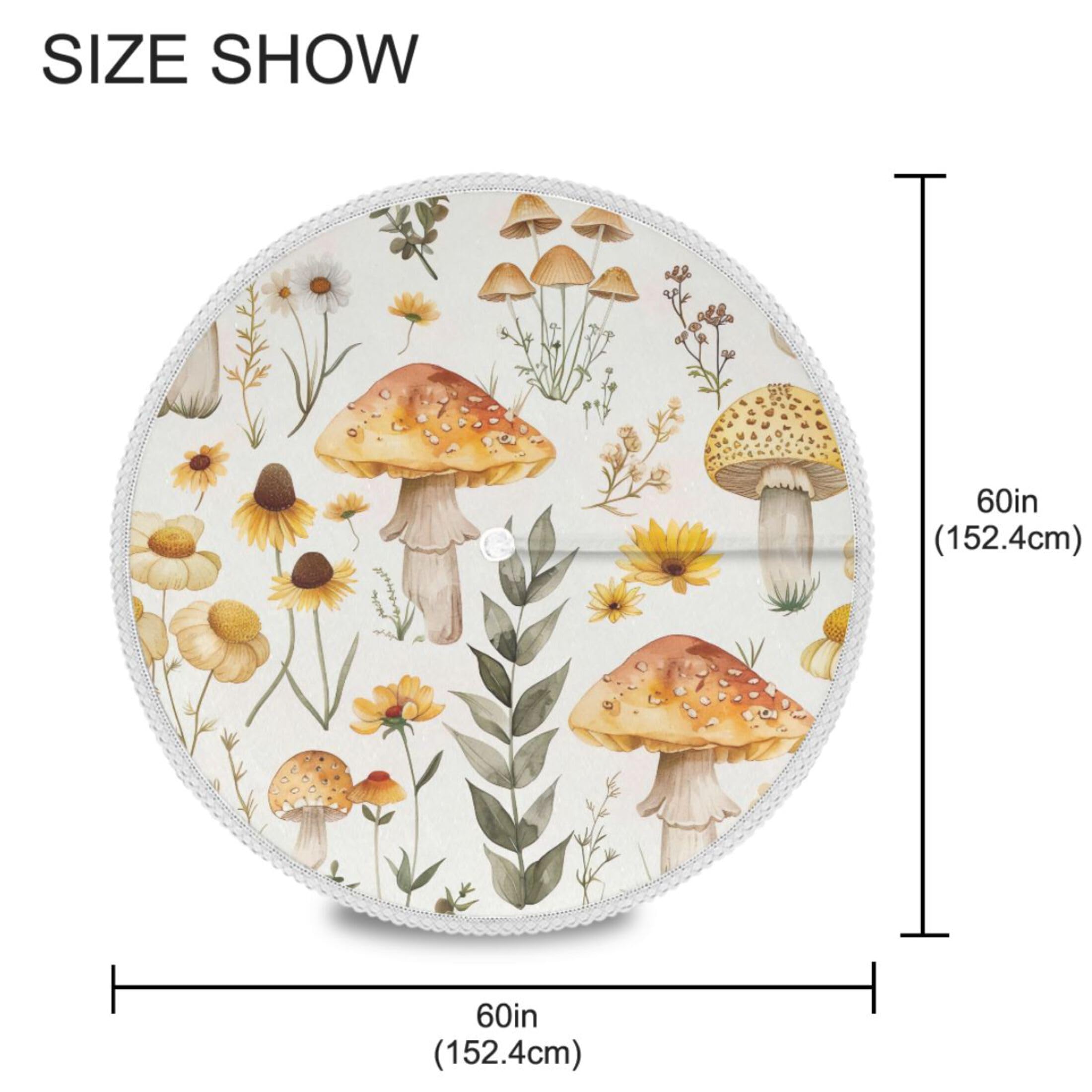 Mantel redondo de 152 cm, diseño de hongos, de poliéster, con borde de encaje, con agujero para sombrilla y cremallera, fácil de limpiar para cocina, comedor, patio, picnic