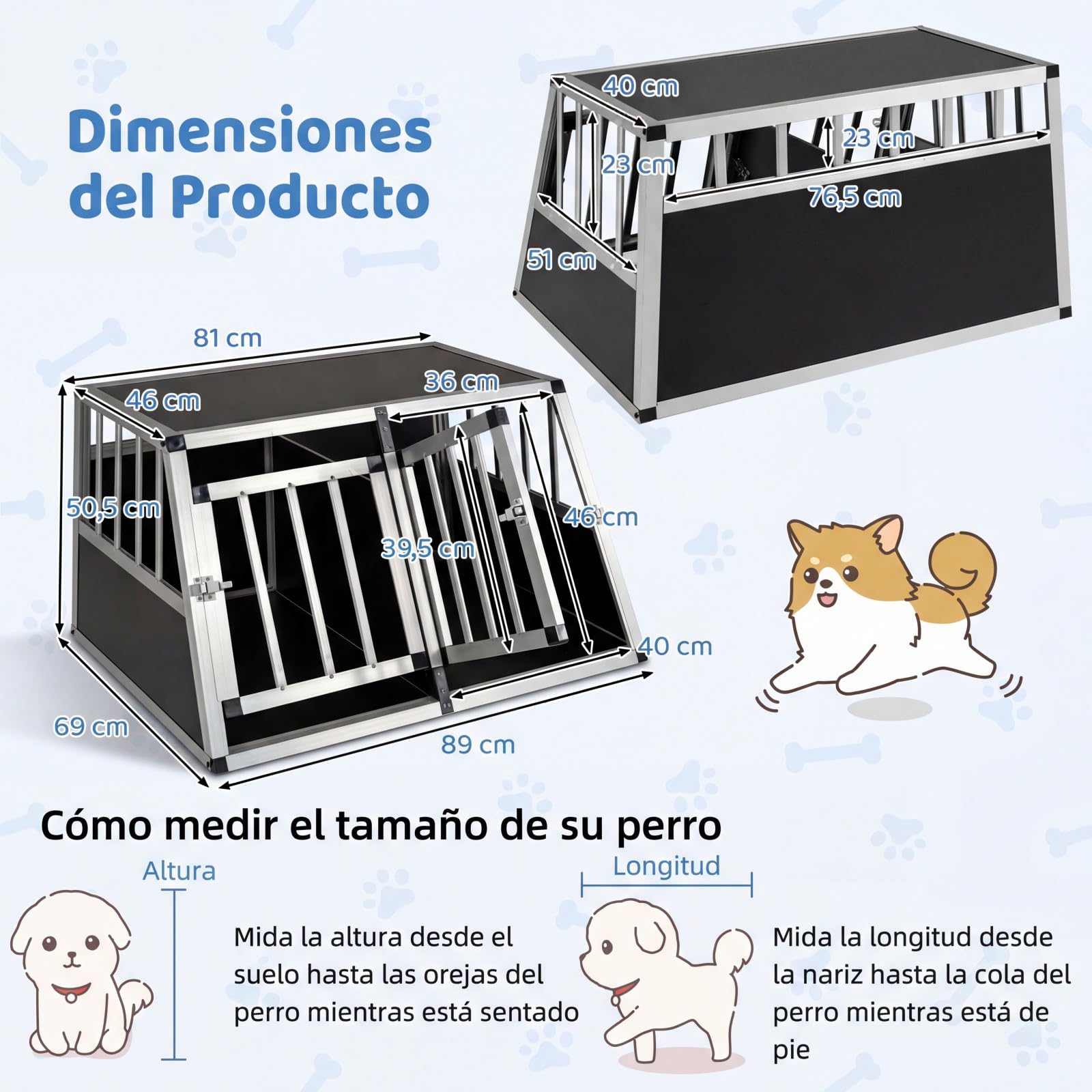 COSTWAY Transportin Perro Coche, Caja de Transporte de Aluminio para 2 Perros con Puerta Bloqueable, Divisor Extraíble, Jaula para Perros Pequeñas y Medianos, Coche, Viaje y Camping, 89x69x50,5 cm