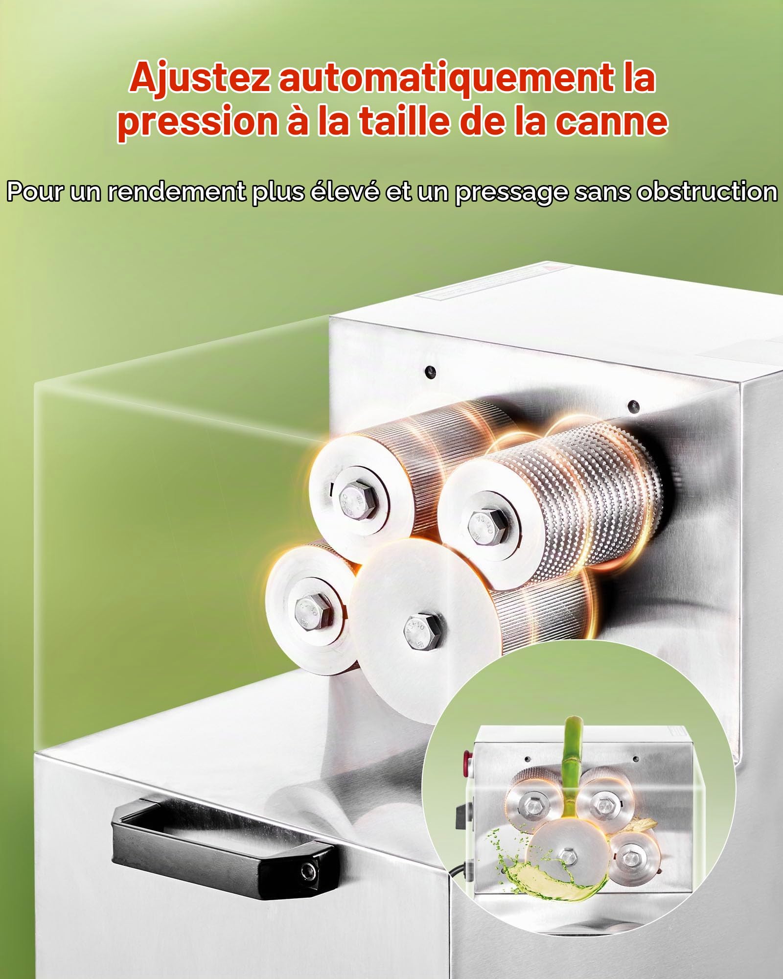 VEVOR Presse à Canne à Sucre Électrique 800 W, Extracteur de Jus de Canne à Sucre Haut Rendement de 300 kg/h, avec 4 Rouleaux en Acier Inoxydable, pour Restaurant Bar Stand Supermarché Boissons