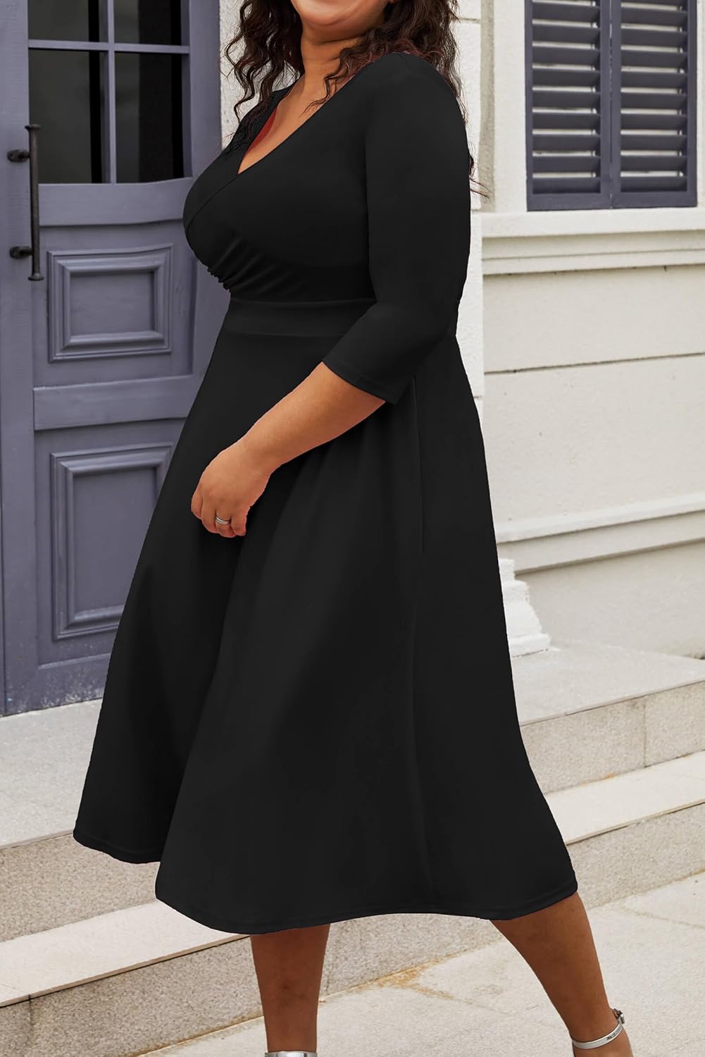 CLOCOR Women's Plus Size Midi Dress 3/4 Sleeve A-Line Swing Dress V Neck Flowy Casual Dresses - Image 3