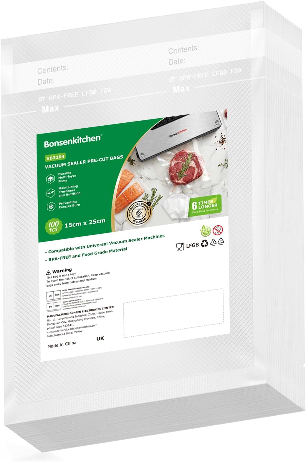 Bonsenkitchen Vacuum Food Sealer Bags, 15 x 25 cm, 100 Bags, VB3204 | Embossed Food Preserving Sous Vide for Food Saver, Commercial Grade Textured Food Vacuum Sealer Bag