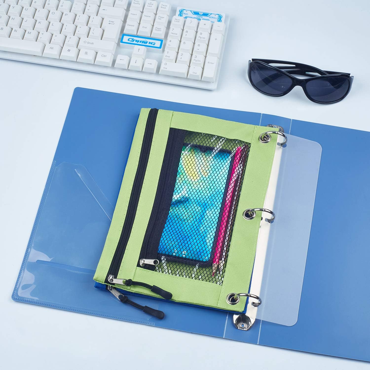 3 Ring Binder Pencil Pouchs, Zippered Pencil P9ouch Double Pocket Pencil Pouch 3 Ring with Clear Window (Blue&Green 2pack)