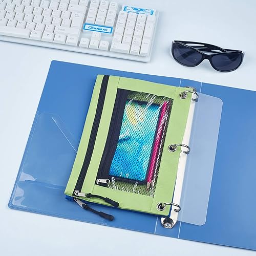 Miniatura 2 de P9ouch - Estuche para lápices de 3 anillos, con cremallera, doble bolsillo, 3 anillos con ventana transparente (azul y verde, paquete de 2 unidades)