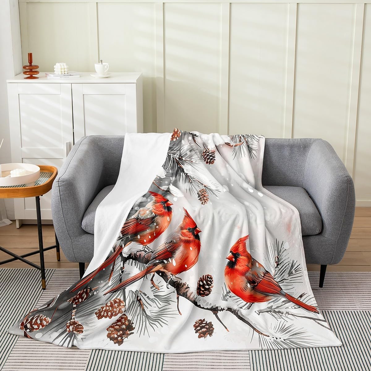 Erosebridal Red Cardinals Fuzzy Plush Throw Queen Size Christmas Cardinal Birds Kids Flannel Blanket Xmas Decor Fleece Blanket Winter New Year Theme Decor for Boys Girls Teens Adult