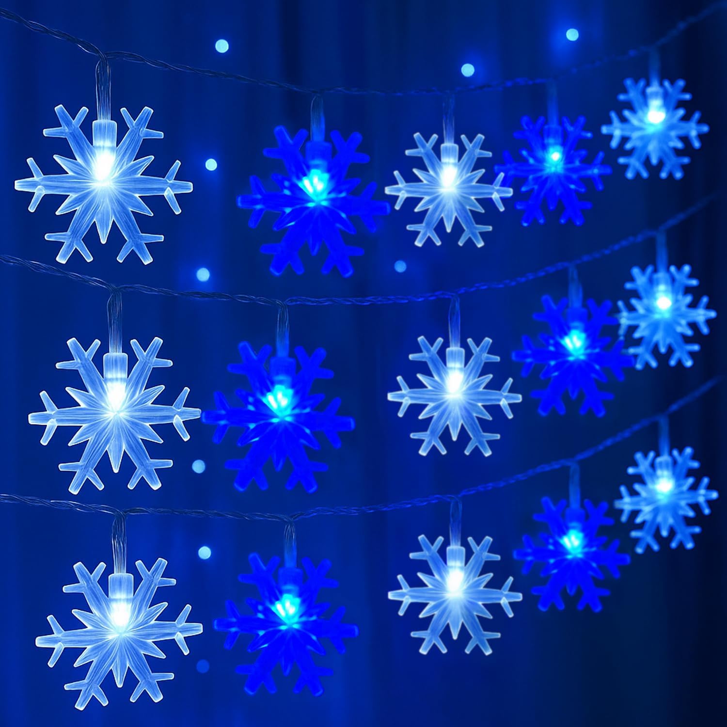 FUTUREPLUSX 9.8Ft Snowflake String Lights, Blue and White Christmas Snowflake Lights Battery Operated Waterproof Shatterproof Fairy Light for Xmas Tree Winter Party Garden House Indoor Outdoor Decor