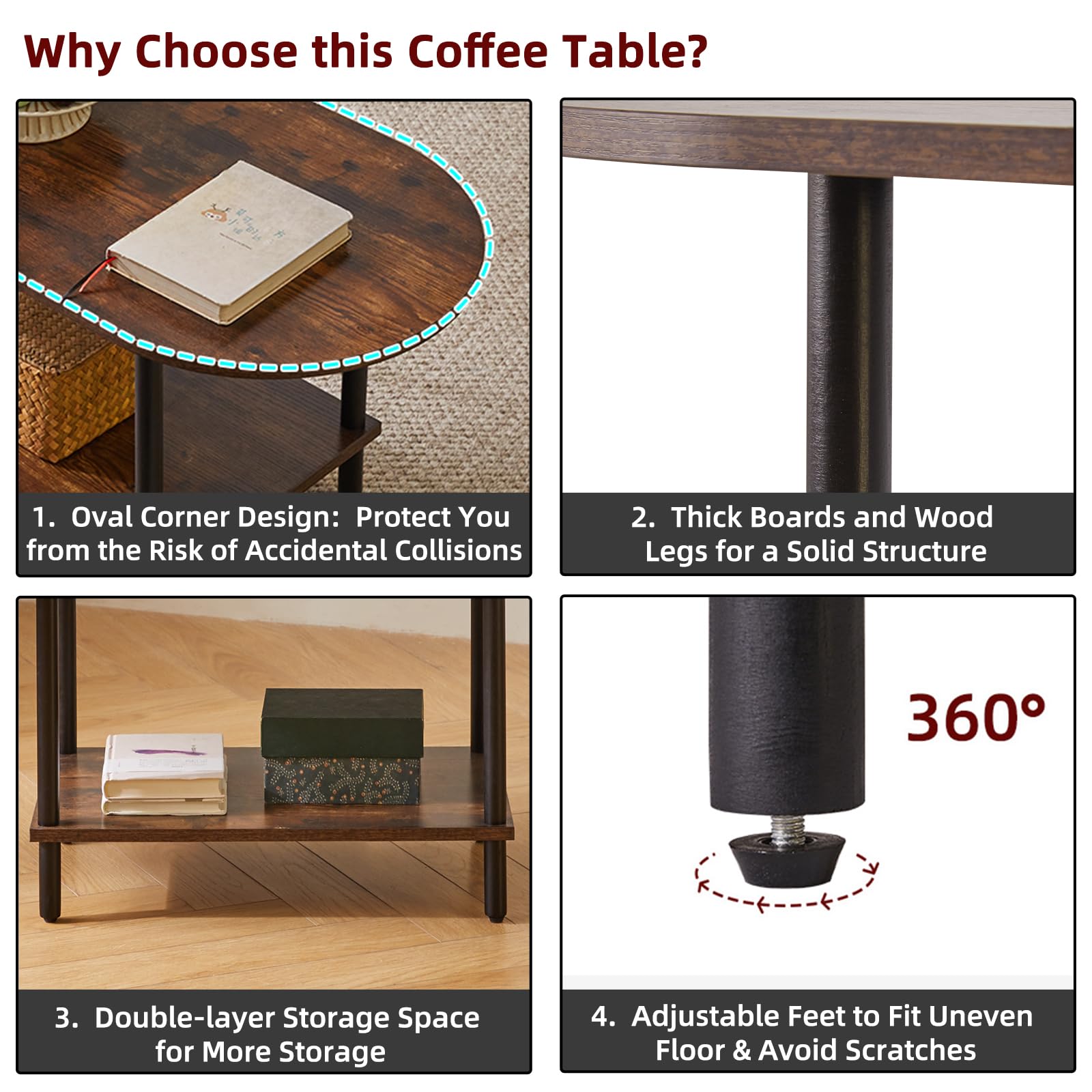 Mesa de centro rústica pequeña, mesa de centro de TV de 35 x 16 x 17 pulgadas, mesa de té ovalada de madera de 2 niveles para sala de estar, apartamento, marrón rústico YD-012H 5