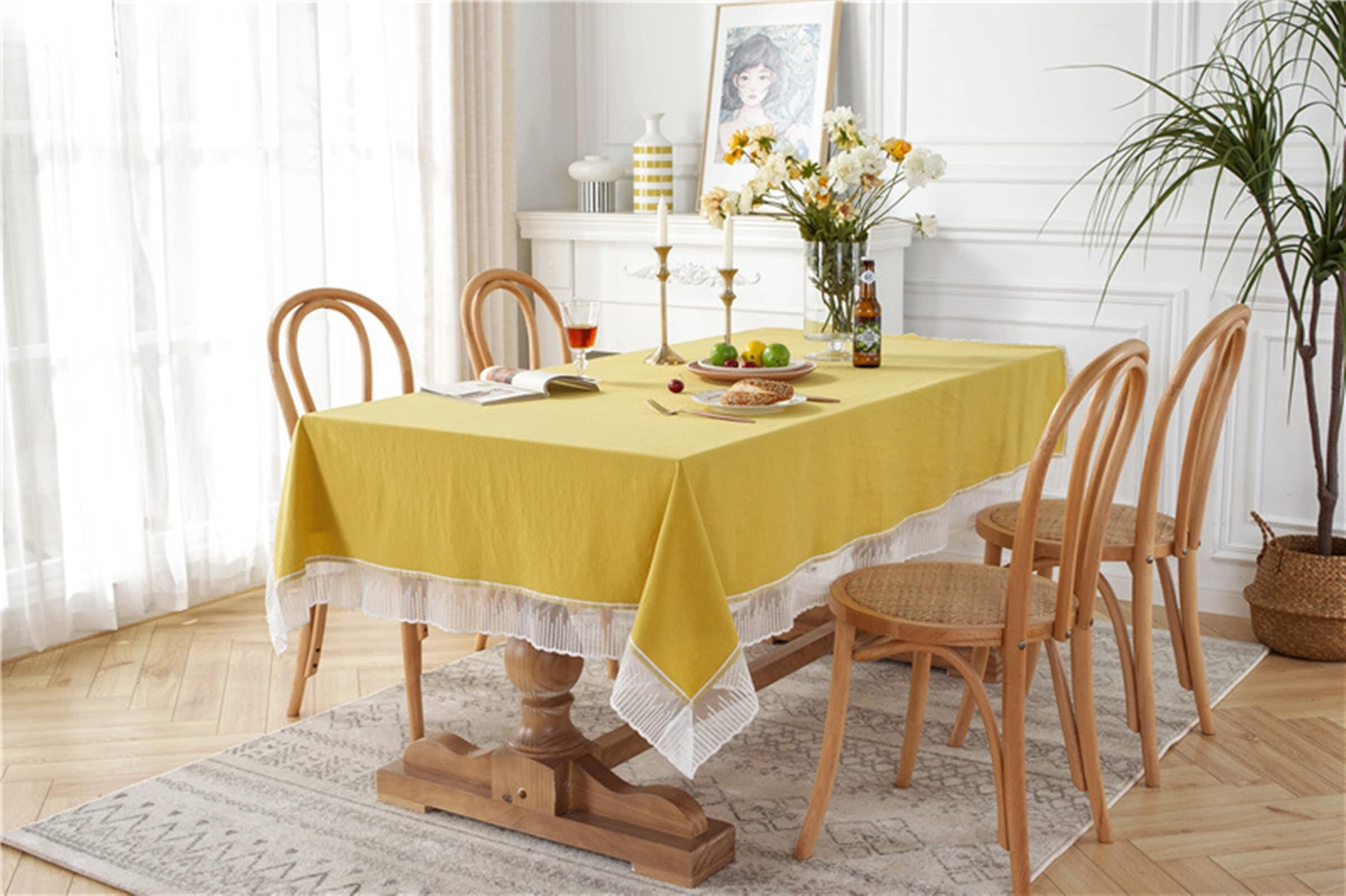 Daesar Protector Mantel Cuadrado,Mantel Algodón Mesa Color Sólido con Encaje Mantel Color Amarillo,140x140CM(55x55Inch)
