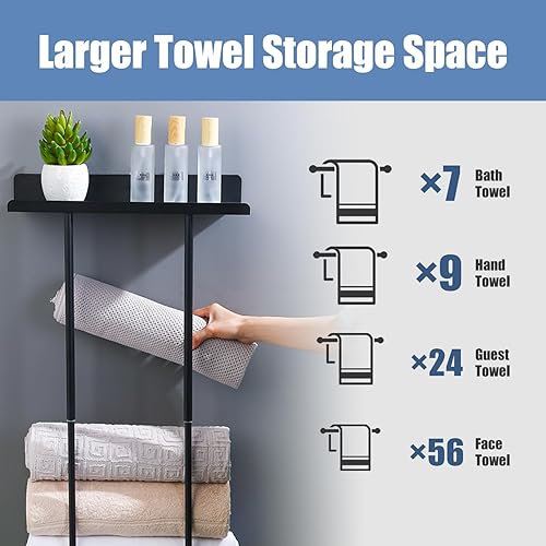 Miniatura 6 de Toalleros para baño montados en la pared, toallero ajustable de 15-30 pulgadas con estante, 3 ganchos y para toallas enrolladas, almacenamiento de