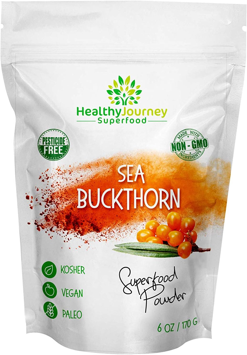 Seabuckthorn Powder by HealthyJourney - Pesticide Free - Raw - Non-GMO - Vegan - Gluten Free - Rich in Omega-7, Vitamin A and Vitamin E - 6 OZ