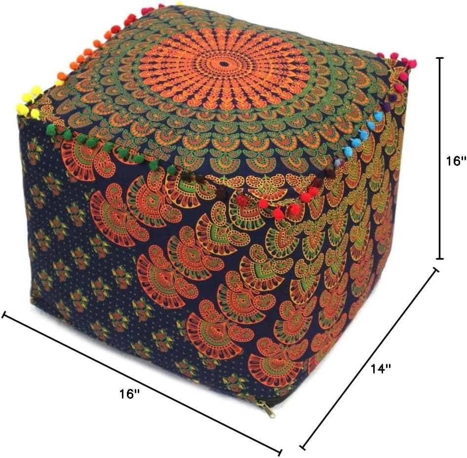 Indian Handmade Mandala | Square Ottoman Pouf Cover | Footstool Seating (Multi Peacock, 22x22x14)