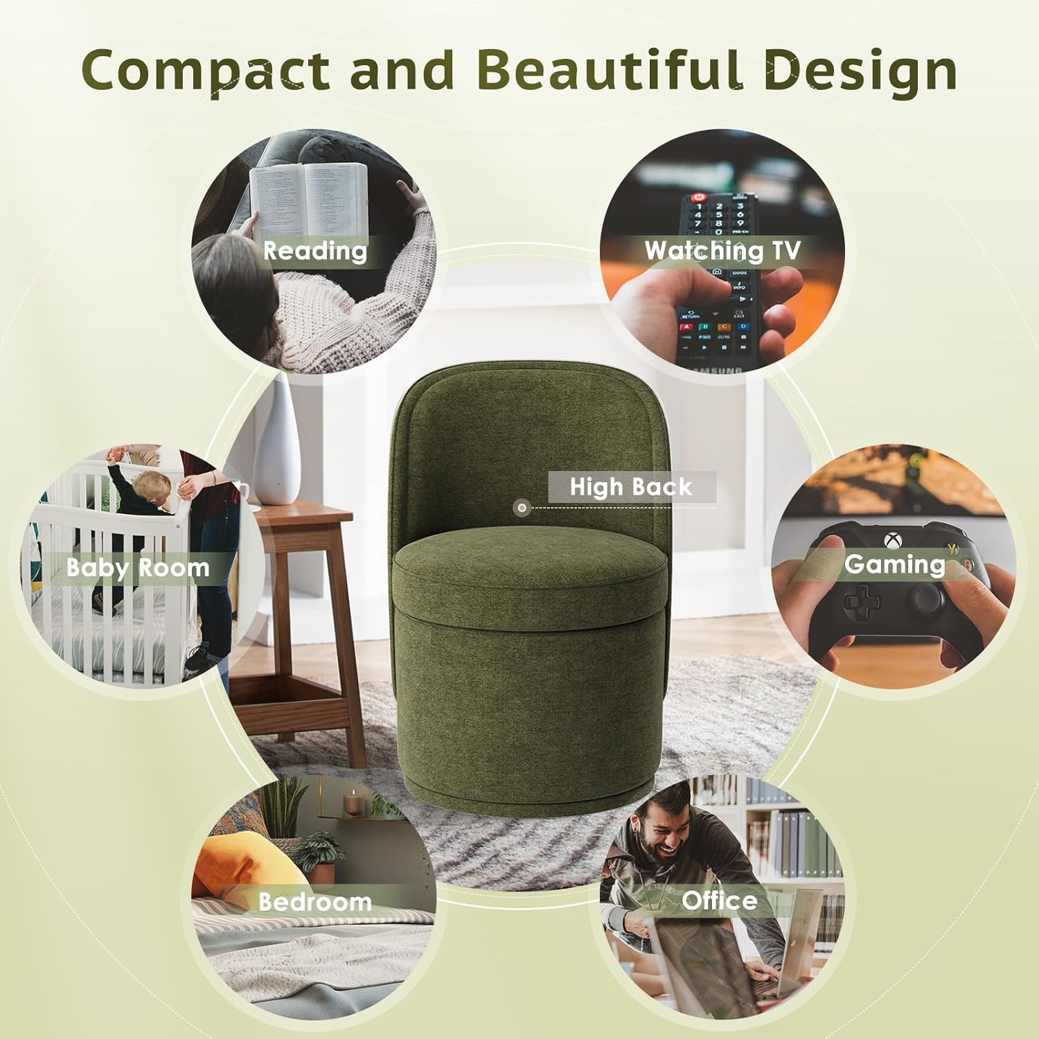 MALOL Swivel Accent Chair Set of 2, 360° Swivel Round Chair with Hidden Storage, Vanity Chairs, Modern Small Barrel Armchair for Living Room/Bedroom, Green